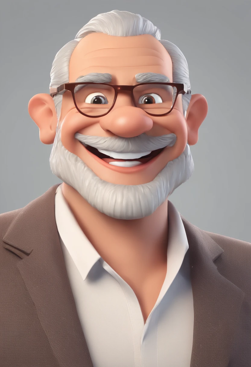 Smiling Man Illustration, sorriso insano, Homem de pele marrom com um sorriso gigante, happily smiling at the camera, sorriso atrevido, grey beard, thinning hair, thick glasses, he's smiling, sorriso muito grande, Macho sorridente, foto de perfil headshot, rindo sorriso enorme, desenhando no estilo de Arte 3D, c4d, fundo de cor branco puro, estilo disney, estilo pixar render ilustracao Super Detalhe, 8k