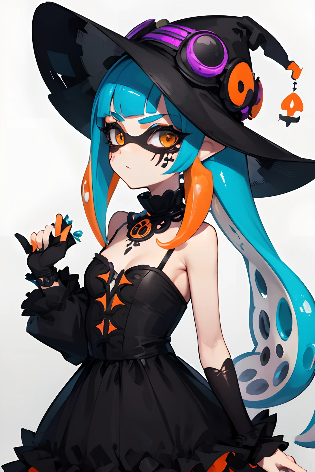 inkling chica, splatoon, ropa de "catrina", vestido elegante antiguo (black and orange), maquillaje de calavera, face paint de calavera, cuerpo completo, sombrero antiguo, velo