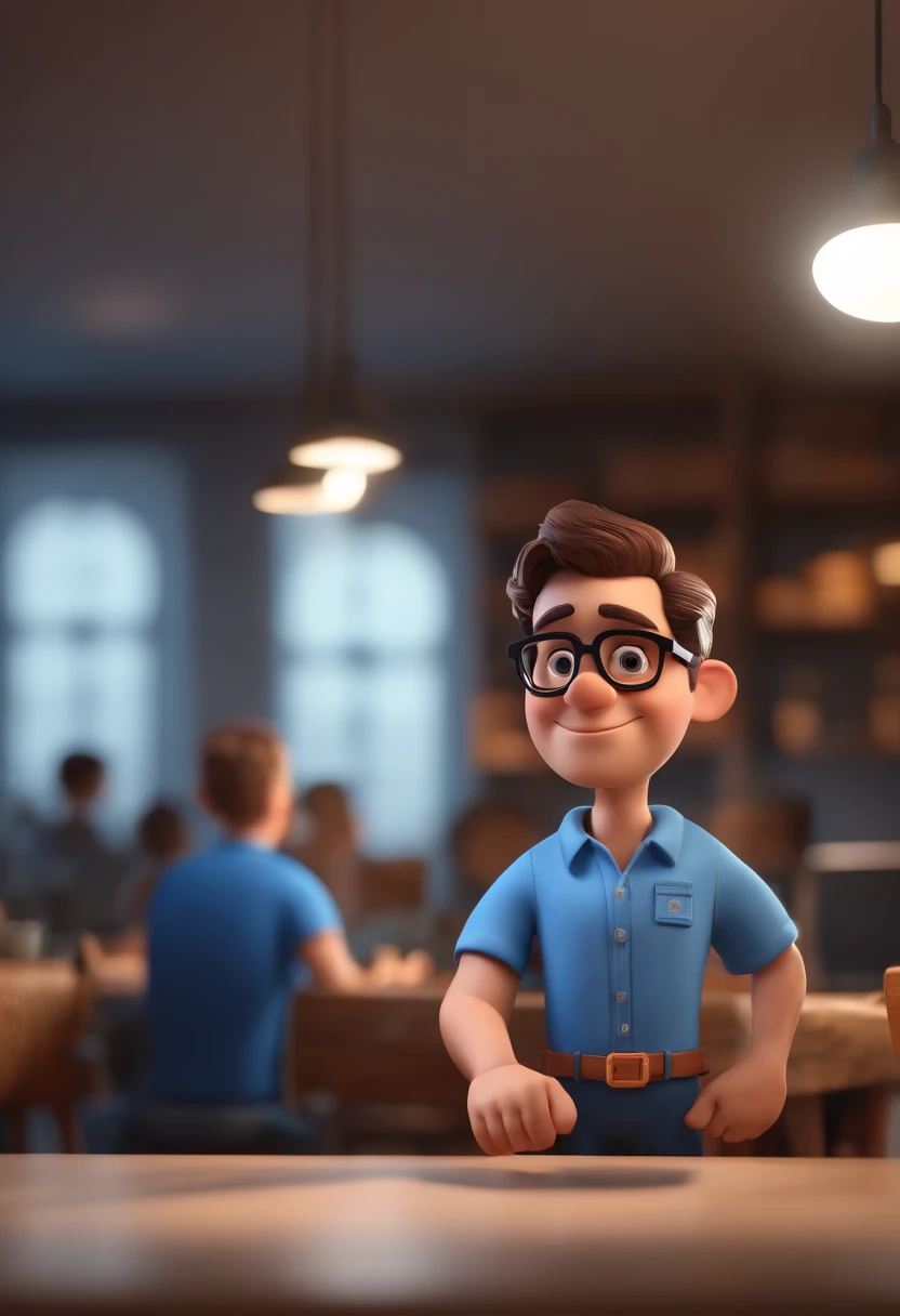 Cartoon character of a man with black glasses and a blue shirt, animation character, Caractere estilizado, animation style rendering, 3D estilizado, Arnold Maya render, 3 d render stylized, toon render keyshot, Personagem 3D, Personagem 3D, 3d rendering stylized, 3 d character render, personagem de desenho animado, Personagem de close up, Pose de personagem,  (Estilo Pixar) (master part:1.2) (Bokeh) (best quality) (pele detalhada) (textura detalhada) (8k) (argila) (Cinematic lighting) (foco nítido