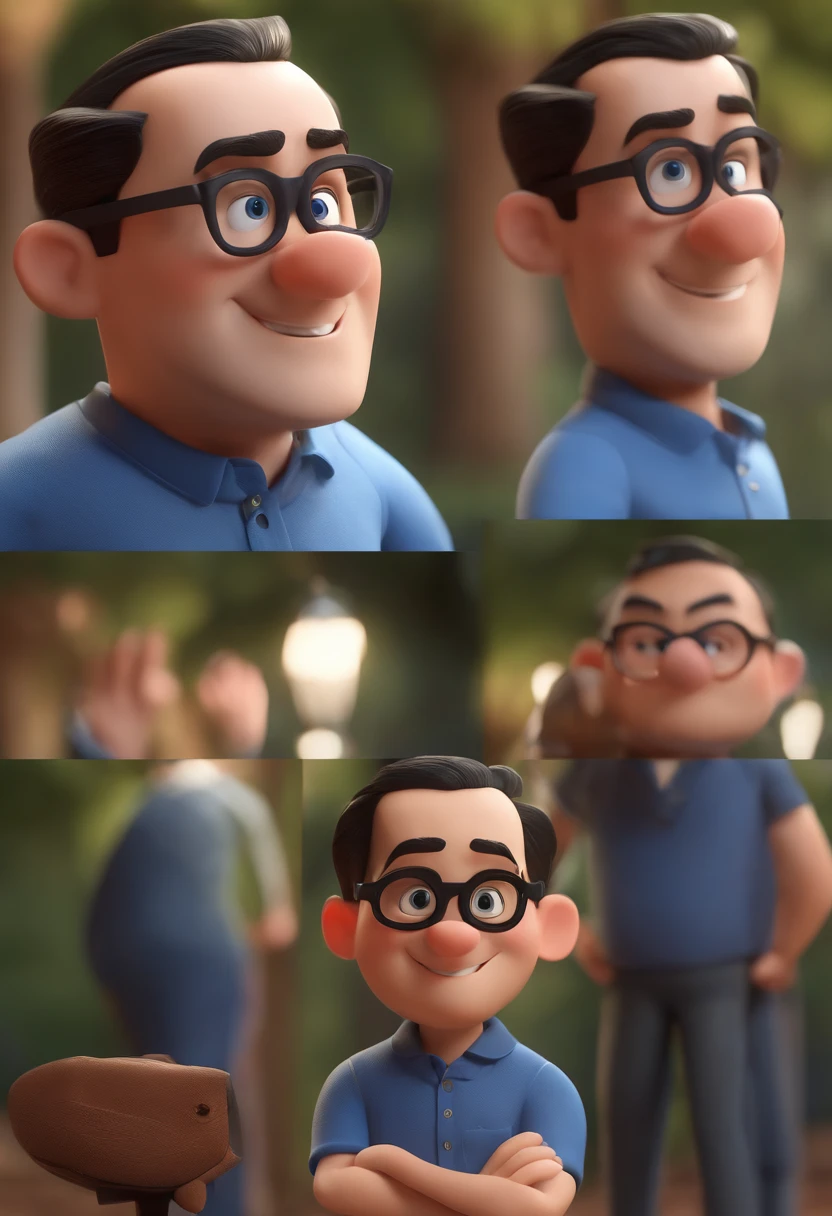 Cartoon character of a man wearing black glasses and a blue shirt, an animated character, stylized character, animation style render, Stylized 3 D, arnold maya render, 3 d render stylized, toon render keyshot, 3d character, 3 d character, stylized 3d render, 3 d character render, cartoon character, close up character, character posing, (Pixar style) (Masterpiece:1.2) (Bokeh) (Best quality) (Detailed skin) (Detailed texture) (8K) (Clay) (Cinematic lighting) (Sharp focus,Sits and leaks the upper body