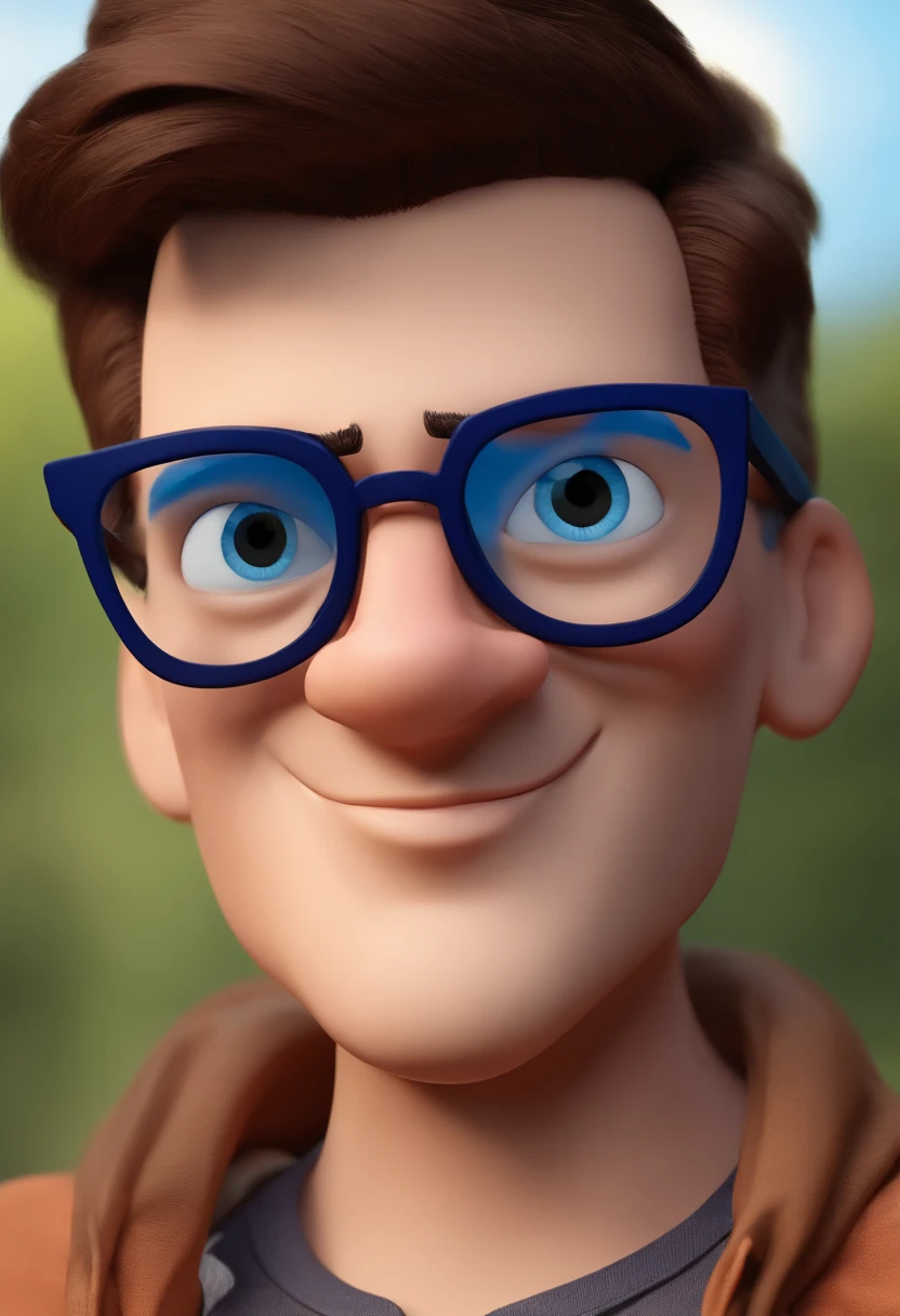 Cartoon character of a man with blue glasses, olhos verdes e uma camisa preta, animation character, Caractere estilizado, animation style rendering, 3D estilizado, Arnold Maya render, 3 d render stylized, toon render keyshot, Personagem 3D, Personagem 3D, 3d rendering stylized, 3 d character render, personagem de desenho animado, Personagem de close up, Pose de personagem, (Estilo Pixar) (master part:1.2) (Bokeh) (best quality) (pele detalhada) (textura detalhada) (8k) (argila) (Cinematic lighting) (foco nítido