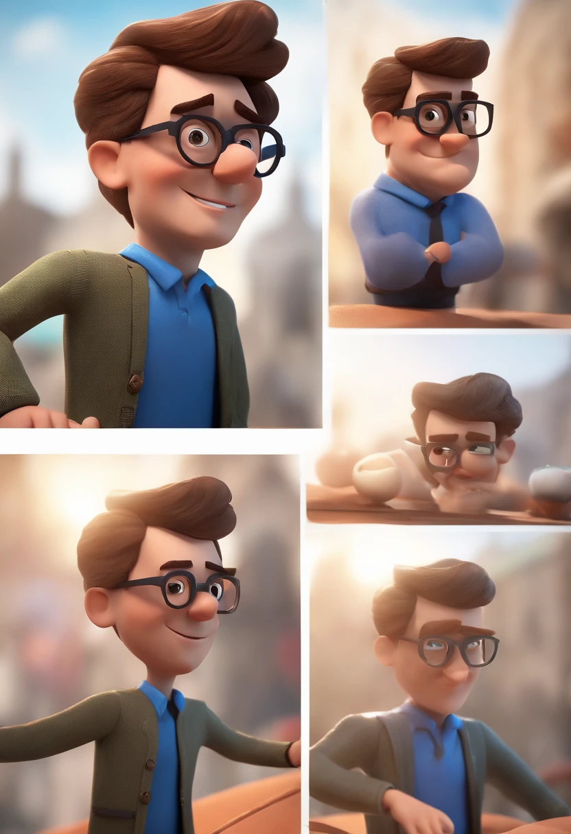 Cartoon character of a man with black glasses and a blue shirt, animation character, Caractere estilizado, animation style rendering, 3D estilizado, Arnold Maya render, 3 d render stylized, toon render keyshot, Personagem 3D, Personagem 3D, 3d rendering stylized, 3 d character render, personagem de desenho animado, Personagem de close up, Pose de personagem, (Estilo Pixar) (master part:1.2) (Bokeh) (best quality) (pele detalhada) (textura detalhada) (8k) (argila) (Cinematic lighting) (foco nítido