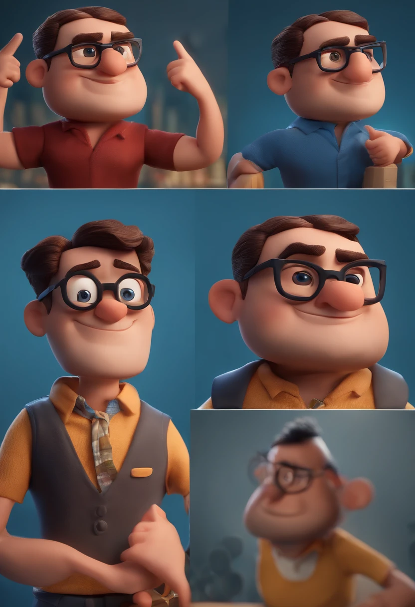 Cartoon character of a man with black glasses and a blue shirt, animation character, Caractere estilizado, animation style rendering, 3D estilizado, Arnold Maya render, 3 d render stylized, toon render keyshot, Personagem 3D, Personagem 3D, 3d rendering stylized, 3 d character render, personagem de desenho animado, Personagem de close up, Pose de personagem, (Estilo Pixar) (master part:1.2) (Bokeh) (best quality) (pele detalhada) (textura detalhada) (8k) (argila) (Cinematic lighting) (foco nítido