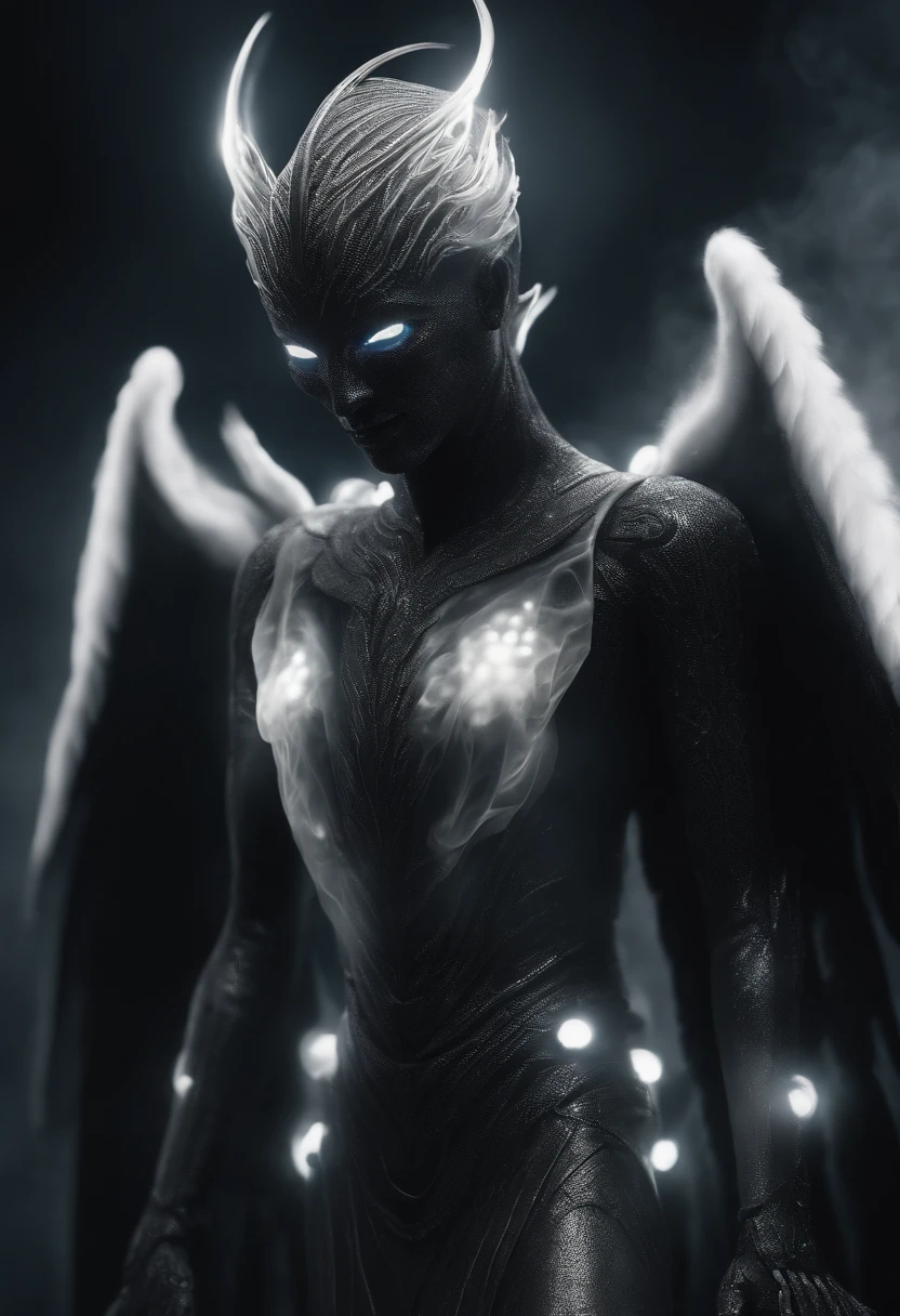 A tall humanoid, made of black and white smoke, it’s eyes are white dots and it has a glowing white smile across its face, it has two shadowy wing emerged from its back
