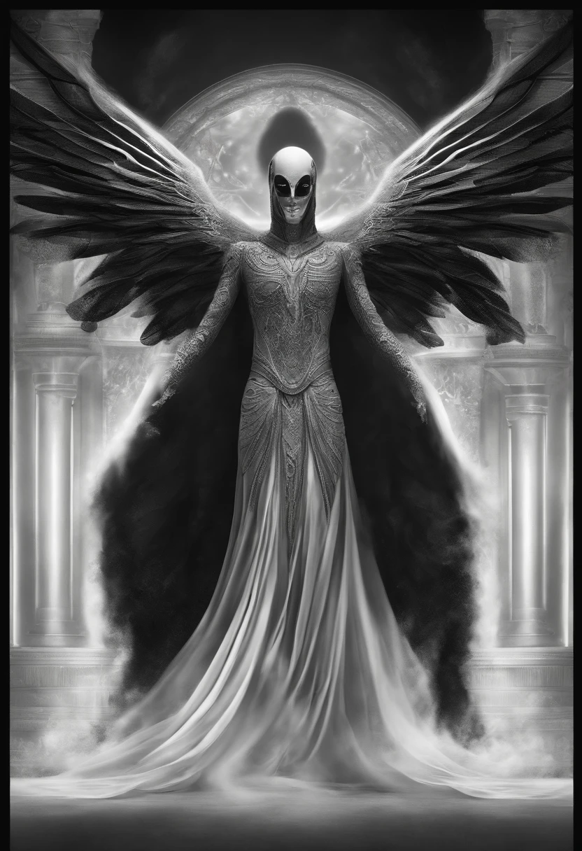 A tall humanoid, made of black and white smoke, it’s eyes are white dots and it has a glowing white smile across its face, it has two shadowy wing emerged from its back