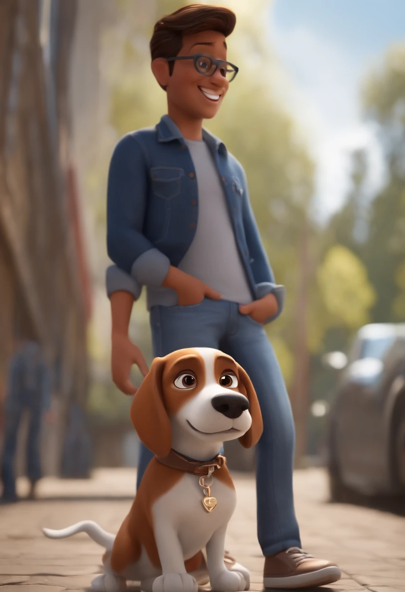 Pixar. Casal com um filhote de cachorro beagle marrom. A menina tem os cabelos loiros amarrados, Camiseta cinza e jeans claro, white glasses. O menino de cabelos pretos com cabelos grisalhos, barba pequena, oculos, Dark blue jeans and gray t-shirt. They are both smiling and are 40 years old