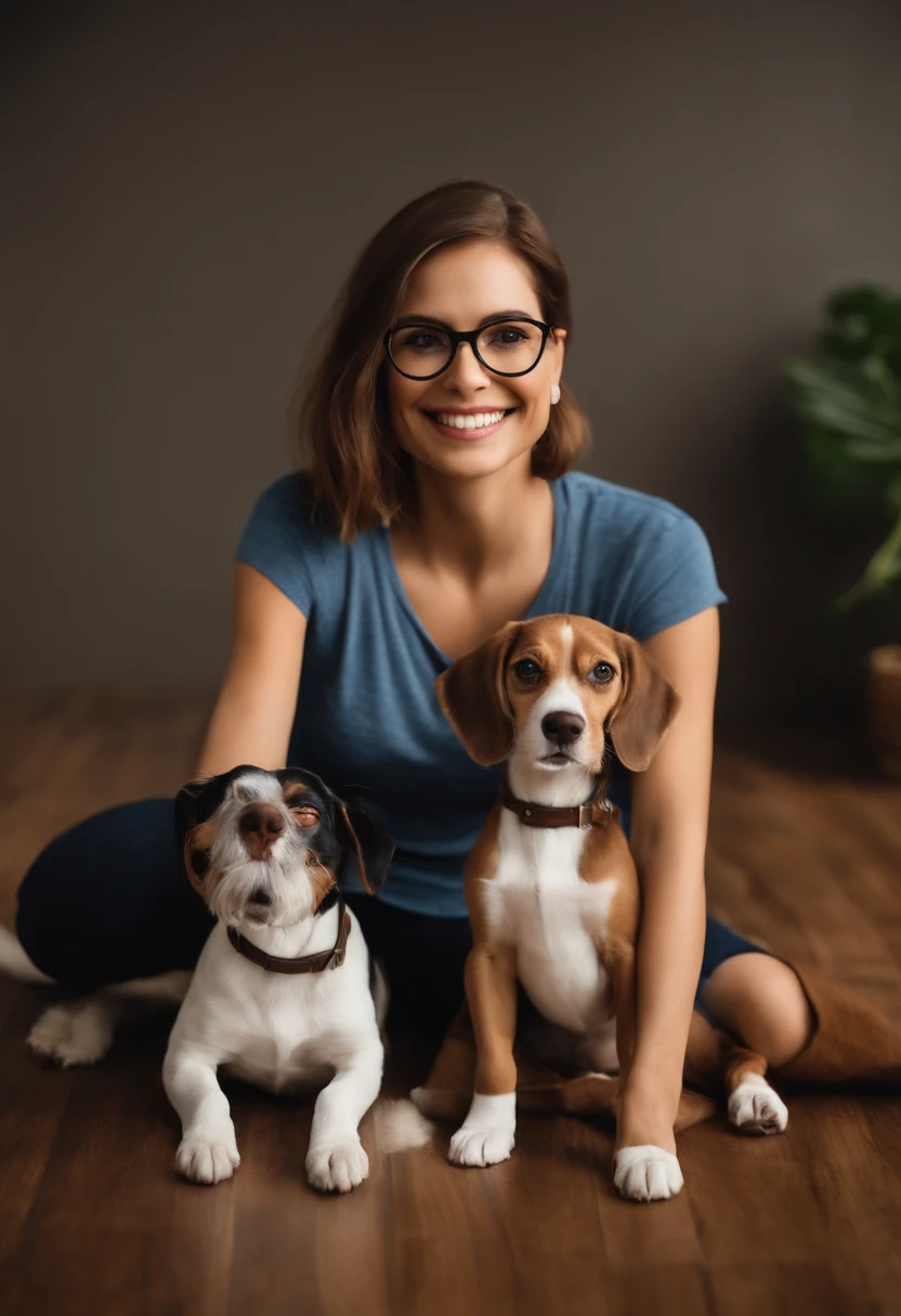 Pixar. Casal com um filhote de cachorro beagle marrom. A menina tem os cabelos loiros amarrados, Camiseta cinza e jeans claro, white glasses. O menino de cabelos pretos com cabelos grisalhos, barba pequena, oculos, Dark blue jeans and gray t-shirt. They are both smiling and are 40 years old