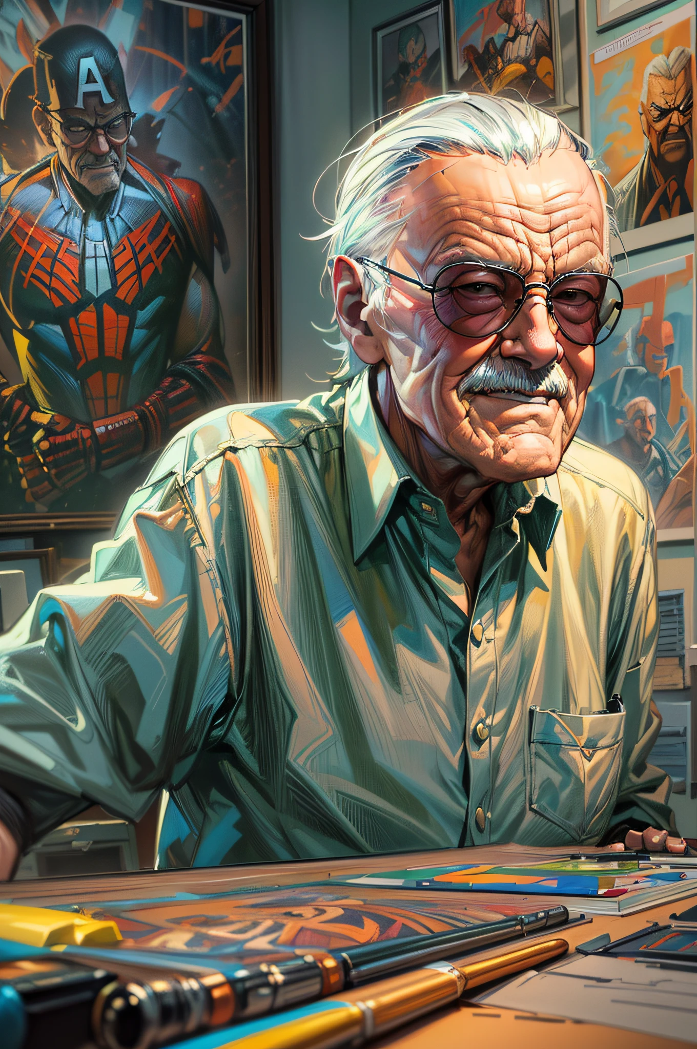 a portrait of (Stan Lee: 1.3), sitting in his work room working on his next project, florescent light, famous Marvel Comics characters painted on the walls,  animation study room background, ultra detailed, Masterpiece, best quality, photorealistic, pixarstyle