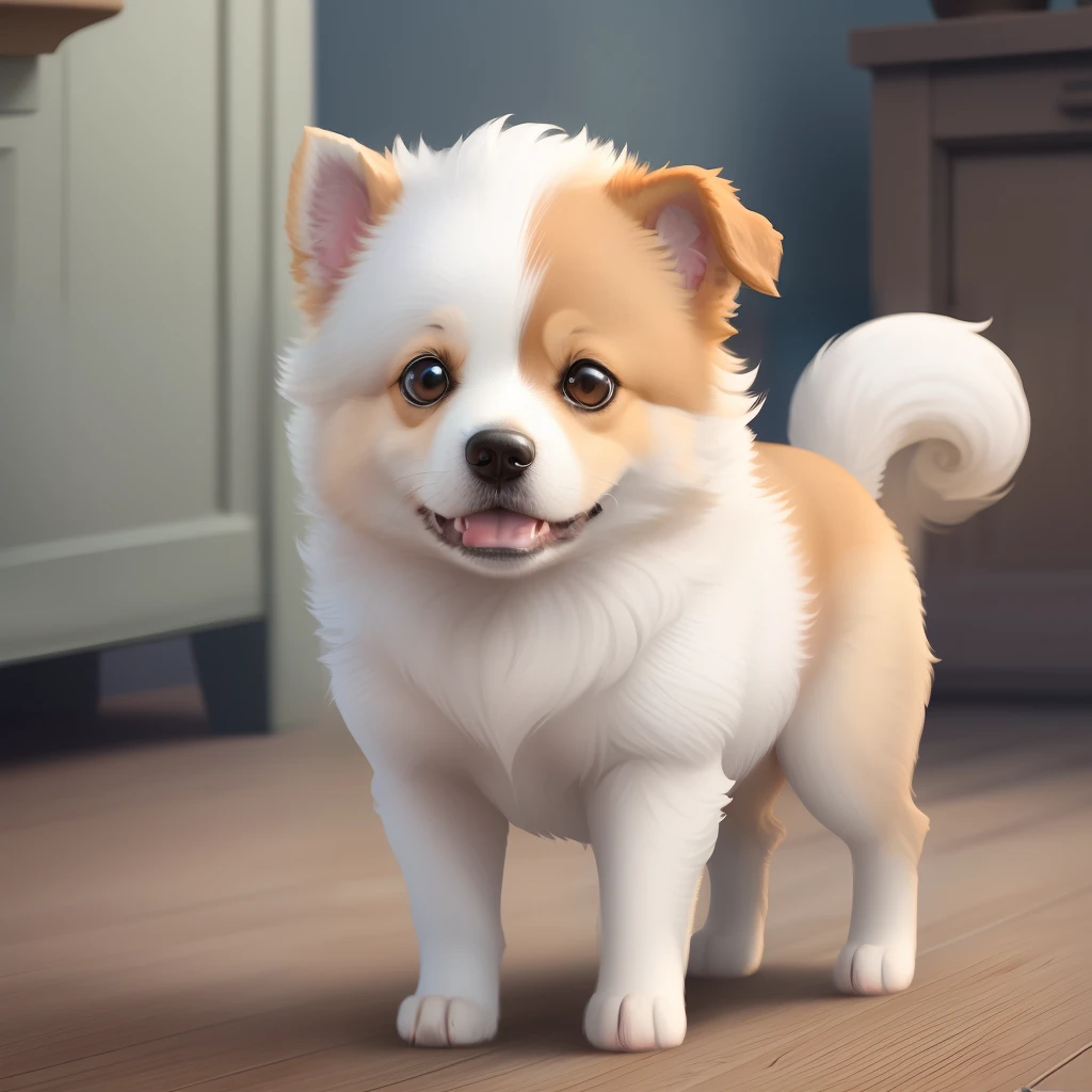 Very cute white female german spitz dog high definition pixar style.