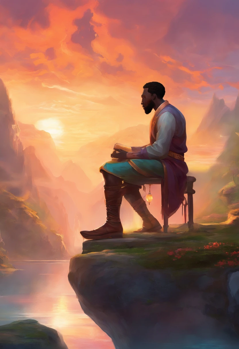 make a black man with his feet on top of a pipe, over a calm river, with a landscape of mountains.