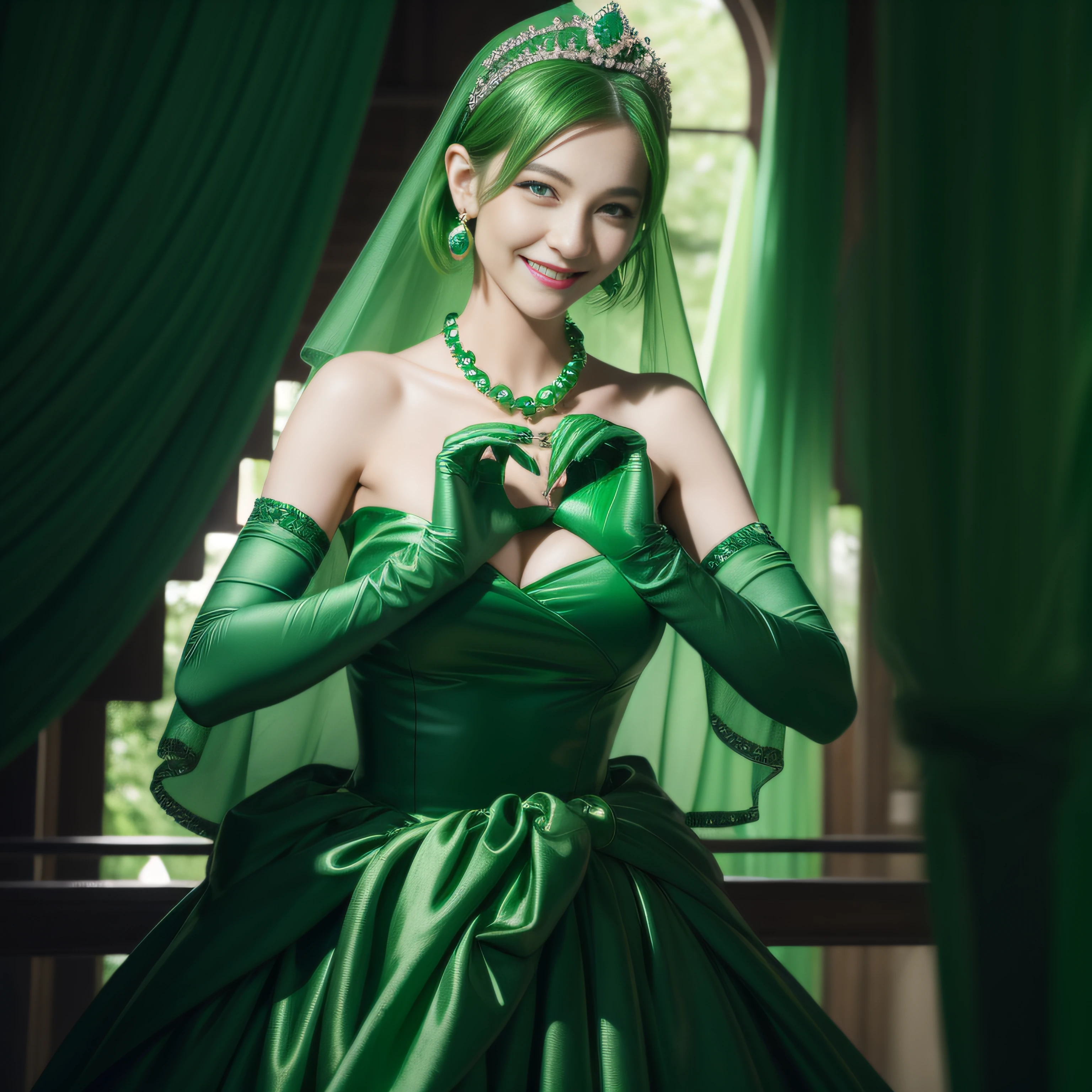 emerald tiara, Green Pearl Necklace, Boyish very short green hair, lipsticks, Japan woman smiling, very short short hair,  big breasts beautiful, Green eyes, Long green gloves made of satin material, Green eyes, Emerald Earrings, green vale, Heart with both hands,Green hair