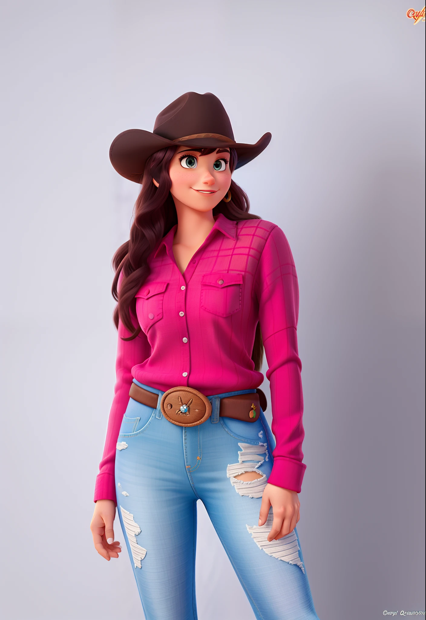 uma mulher cowboy de olhos pretos estilo disney pixar, alta qualidade, muita qualidade