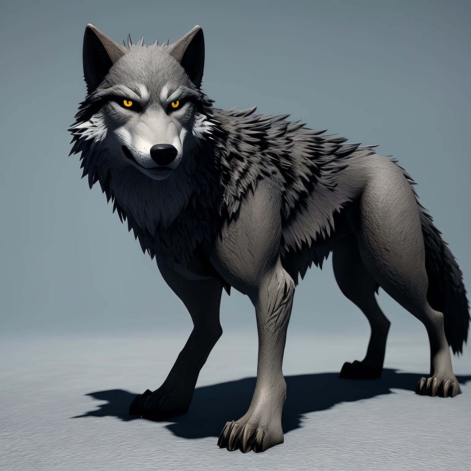 Small evil wolf character with yellow eyes standing on two legs.