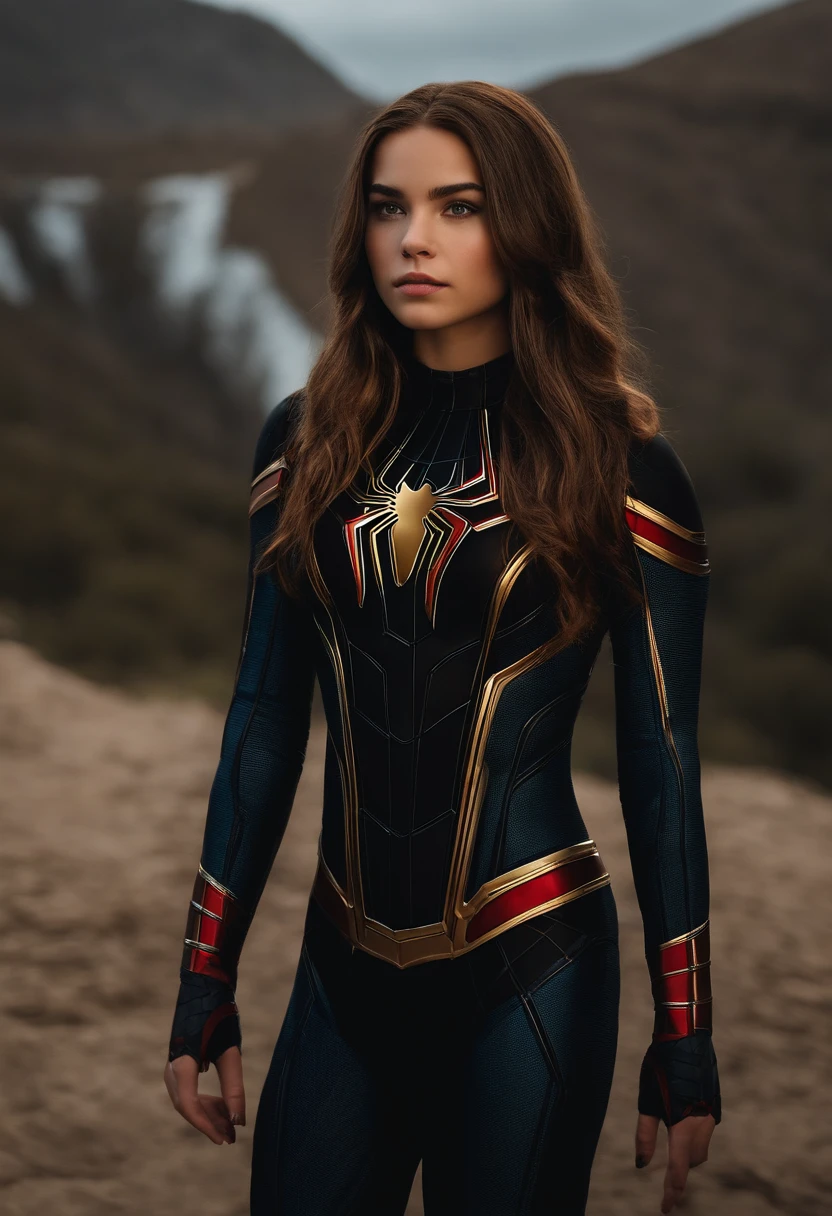 Rapariga, 14 anos, cabelos castanho escuro, foto realista, pale skinned, traje preto fantasia, traje spidergirl, beautiful face, symmetrical face, corpo sensual, Julia Carpenter, Marvel.