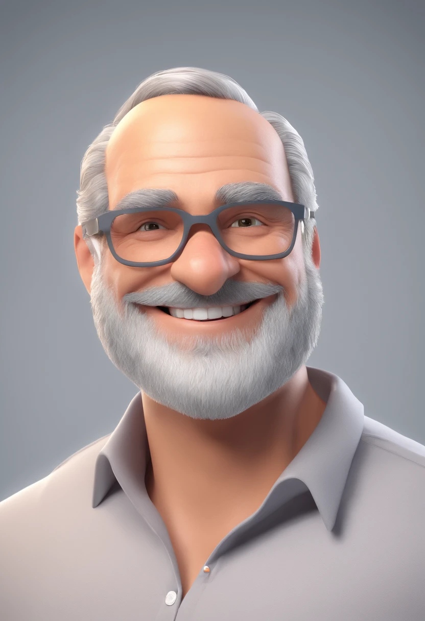 Smiling Man Illustration, sorriso insano, Homem de pele marrom com um sorriso gigante, happily smiling at the camera, sorriso atrevido, grey beard, thinning hair, thick glasses, he's smiling, sorriso muito grande, Macho sorridente, foto de perfil headshot, rindo sorriso enorme, desenhando no estilo de Arte 3D, c4d, fundo de cor branco puro, estilo disney, estilo pixar render ilustracao Super Detalhe, 8k
