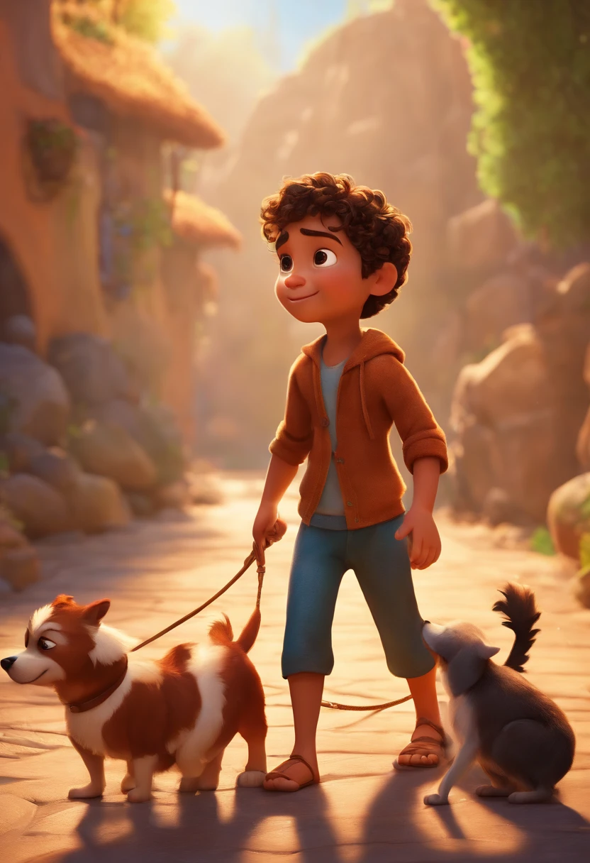 Image of a boy for a story in a YouTube video in Pixar format, He's little Arthur,He is a capoeira fighter, He's with his 2 dogs , cabelo curto