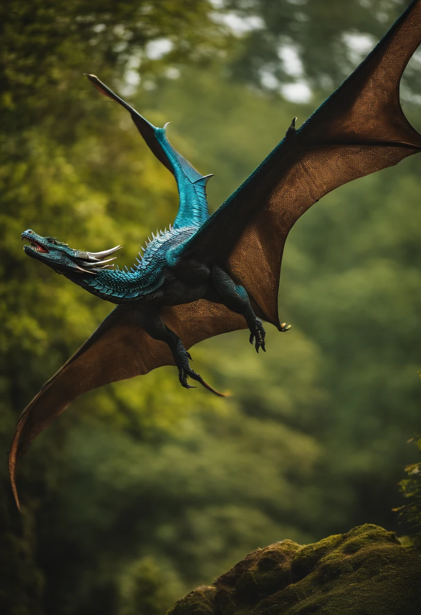 A dragon flying with wings, irritado, com uma chama na boca, middle ages