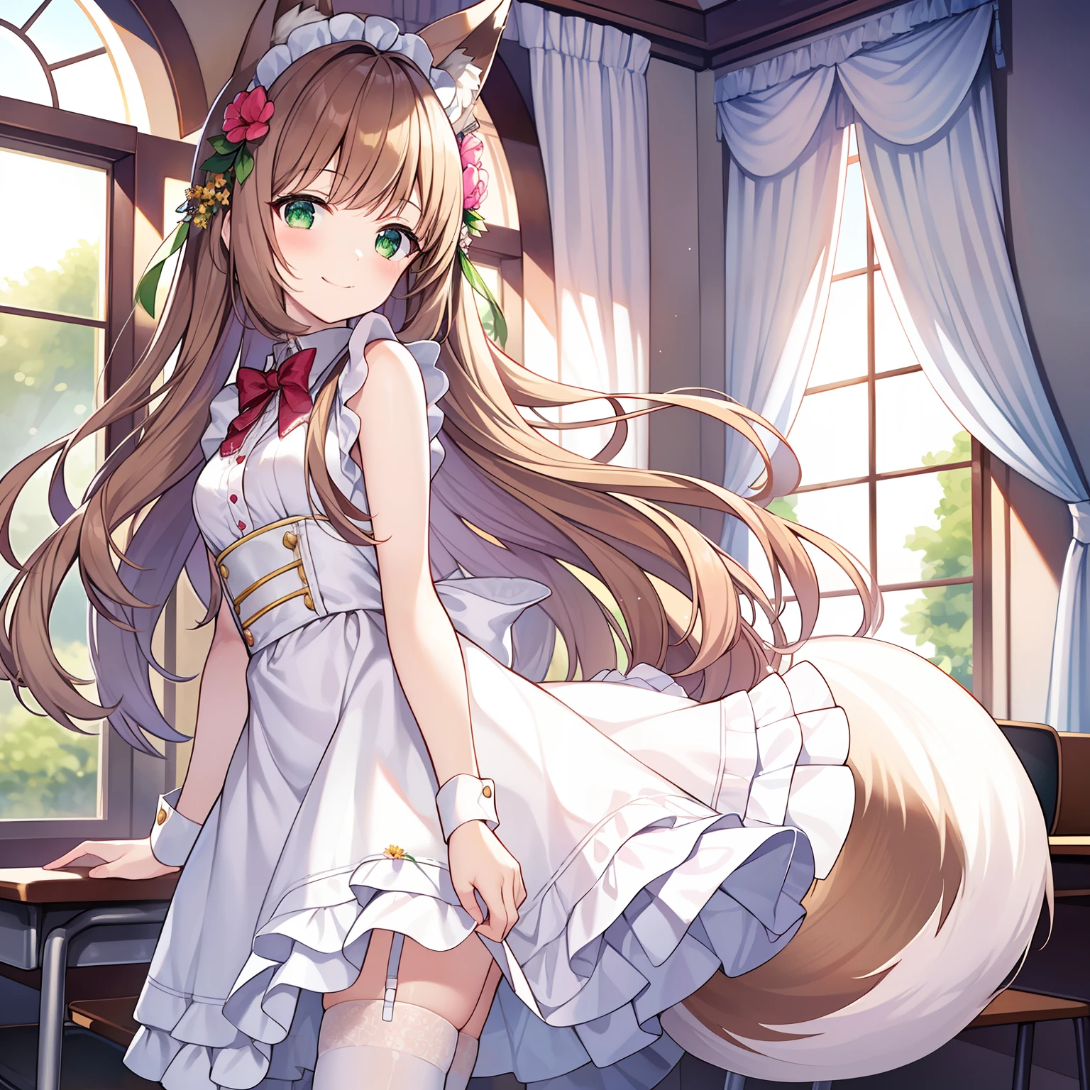 tmasterpiece,best qualtiy,A high resolution,1girll, Solo, (8K wallpaper), (Long brown hair),(Huge fox tail:1.2),Green eyes,Small flower headdress,16-year-old girl_C cup,Modern architecture,(Classroom_Cultural celebrations_Maid coffee theme),Stand gracefully,Wearing a maid outfit_white stockings,ssmile,From a positive perspective,