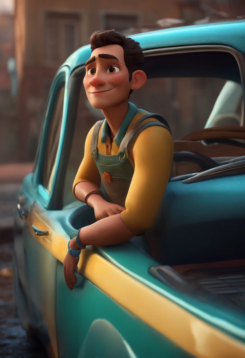 A car washer looking at a dream project inspired by Pixar animation, de perto. The character takes center stage with captivating facial expressions, oferecendo um toque de irrealidade