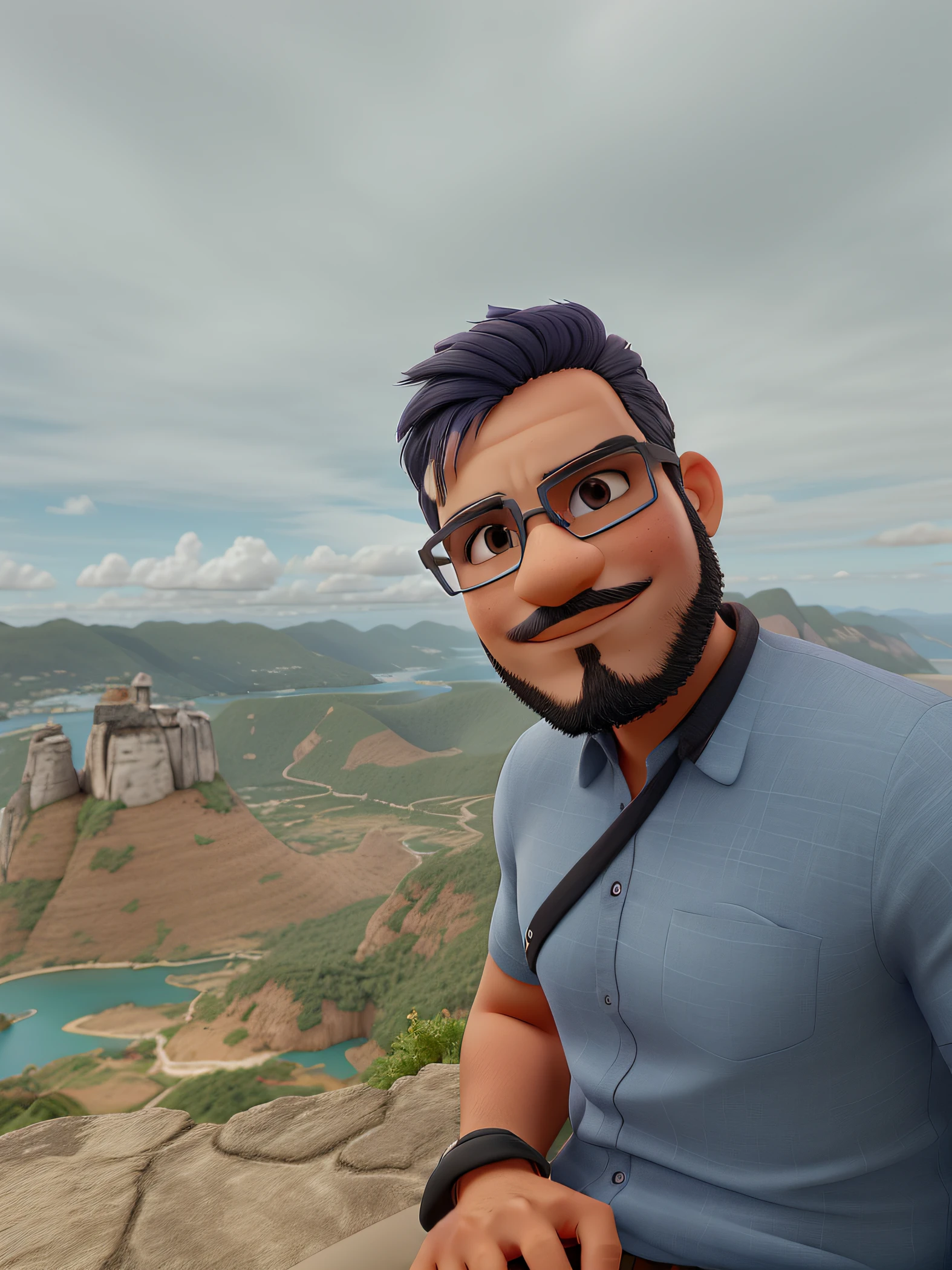 Rapaz de 30 anos, Frameless glasses where the feathers of the eyeglass attached directly to the lens in silver color, cabelo preto e barbar, camisa cisa claro, sentado em uma pedra em cima de montanha, com vista de fundo um lago, small potions of earth lebred semi caatinga cearense of Brazil