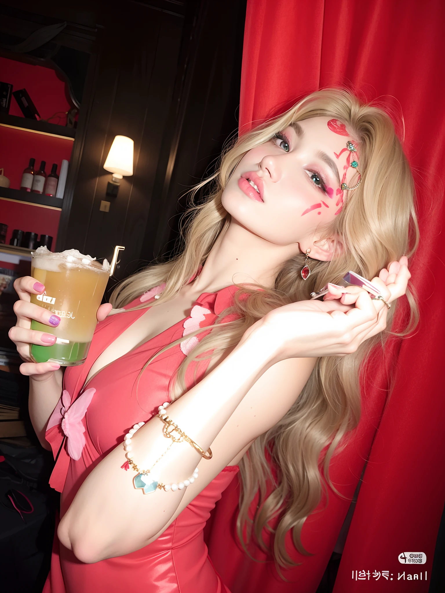 mulher loira com rosto ensanguentado segurando uma bebida e uma faca, Parque Roseanne do Blackpink, No estilo de Petra Collins, Sha Xi, com uma bebida, Ano 3022, description, TaeJune Kim, morte feminina segurando um coquetel, Lalisa Manobal, Petra Cortright, Petra Collins, Ellen von Unwerth, beber