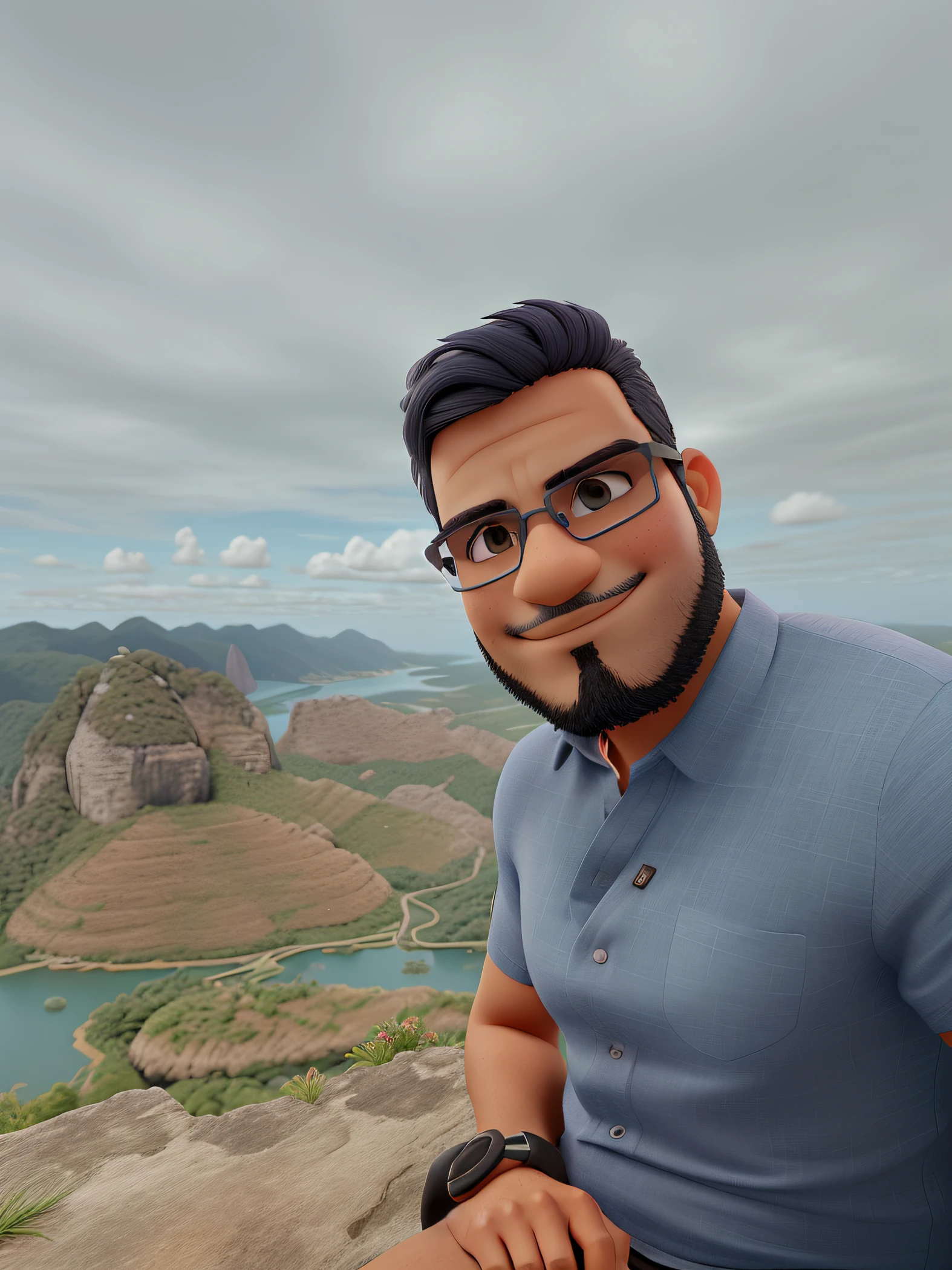 A slightly chubby boy, with black eyes, hair, beard and mustache, dark skin, wearing sunglasses, on the edge of the pool on a sunny day, features of an Indian prince, round face, slightly protruding cheekbones, smiling for the photo .