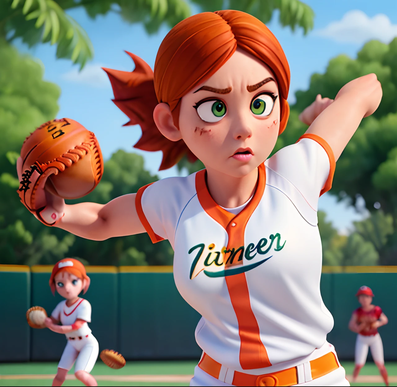 Masterpiece, (watercolor:1.3), (short stack:1.1), forward facing, eyes on camera, serious expression, (action shot:1.4) , (upper body strength:1.3), contrapposto (tattoo:1), softball pitcher, auburn hair, green eyes, (string bikini:1), pitching a softball at viewer, (focus on softball in foreground:1.4), sunny, natural lighting, High definition, excellent resolution, excellent quality, insane detail, semi realistic, postprocessed, crisp face, facial features, extremely detailed, facial features
