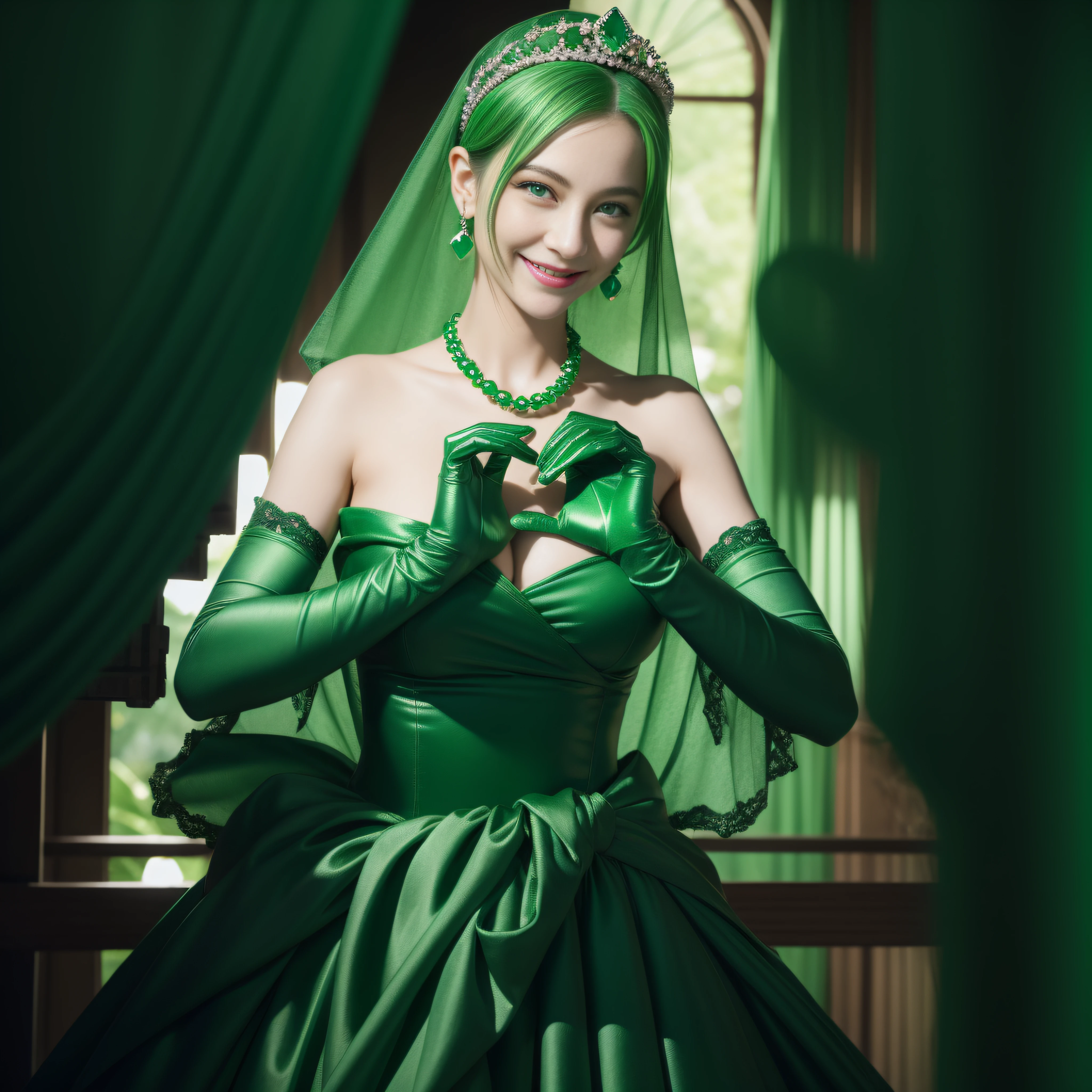 emerald tiara, Green Pearl Necklace, Boyish very short green hair, lipsticks, Japan woman smiling, very short short hair,  big breasts beautiful, Green eyes, Long green gloves made of satin material, Green eyes, Emerald Earrings, green vale, Heart with both hands,Green hair