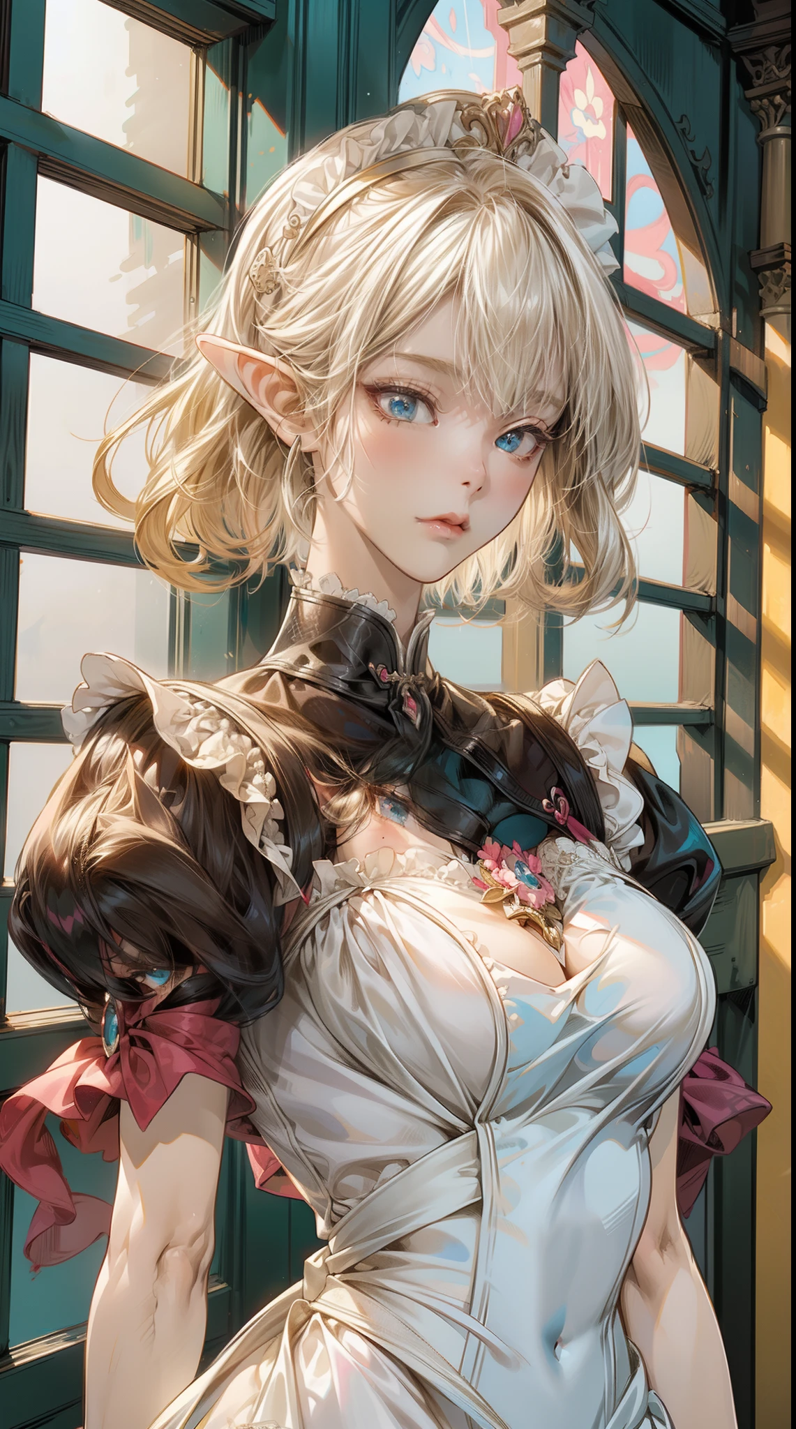 a portrait of Elf, brilliant background, ((1girl)), Victoria black maid dress, Very detailed illustration of an a beautiful Extremely cute elf race face with ((short white blonde hair)), asymmetrical bangs, insanely detailed face and eyes, Perfect lips, ((perfect body)), ((medium breast)), maid-like headdress, victorian ruffled dress in pink, beside the pool, fantasy, cartoonish vector, anime, manga, (cel-shaded) flat coloring, dramatic, cinematic lighting, fine expression, fine detail, fantasy art, illustration, masterpiece, digital art, drawing, digital art by Yusuke Murata.