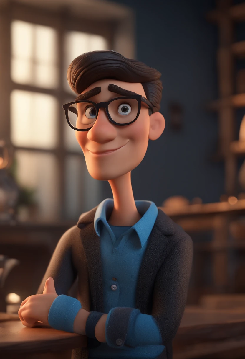 Cartoon character of a man with black glasses and a blue shirt, animation character, Caractere estilizado, animation style rendering, 3D estilizado, Arnold Maya render, 3 d render stylized, toon render keyshot, Personagem 3D, Personagem 3D, 3d rendering stylized, 3 d character render, personagem de desenho animado, Personagem de close up, Pose de personagem,  (Estilo Pixar) (master part:1.2) (Bokeh) (best quality) (pele detalhada) (textura detalhada) (8k) (argila) (Cinematic lighting) (foco nítido