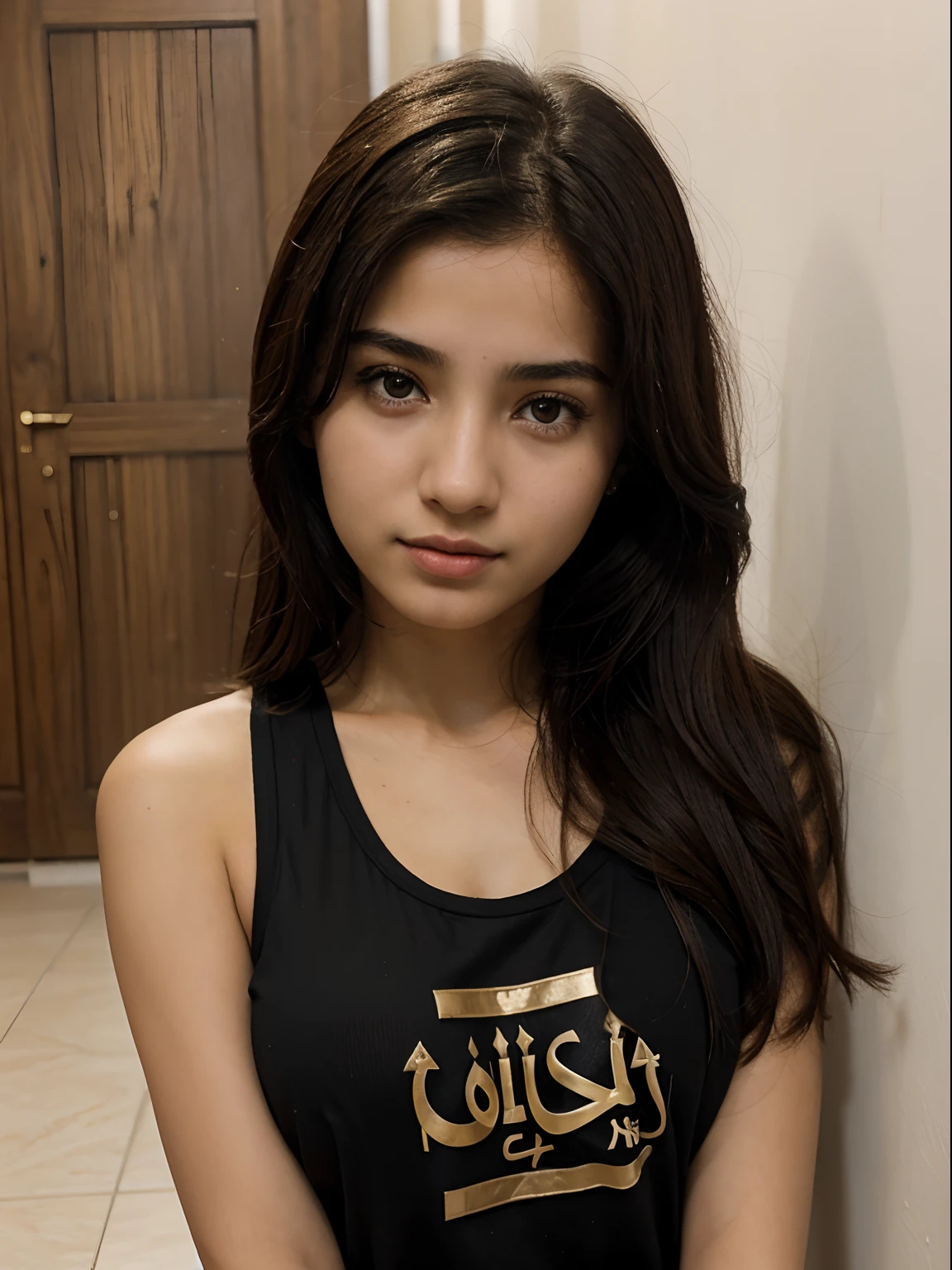 a girl with (arabic features), 18 years old, portrait, tank top