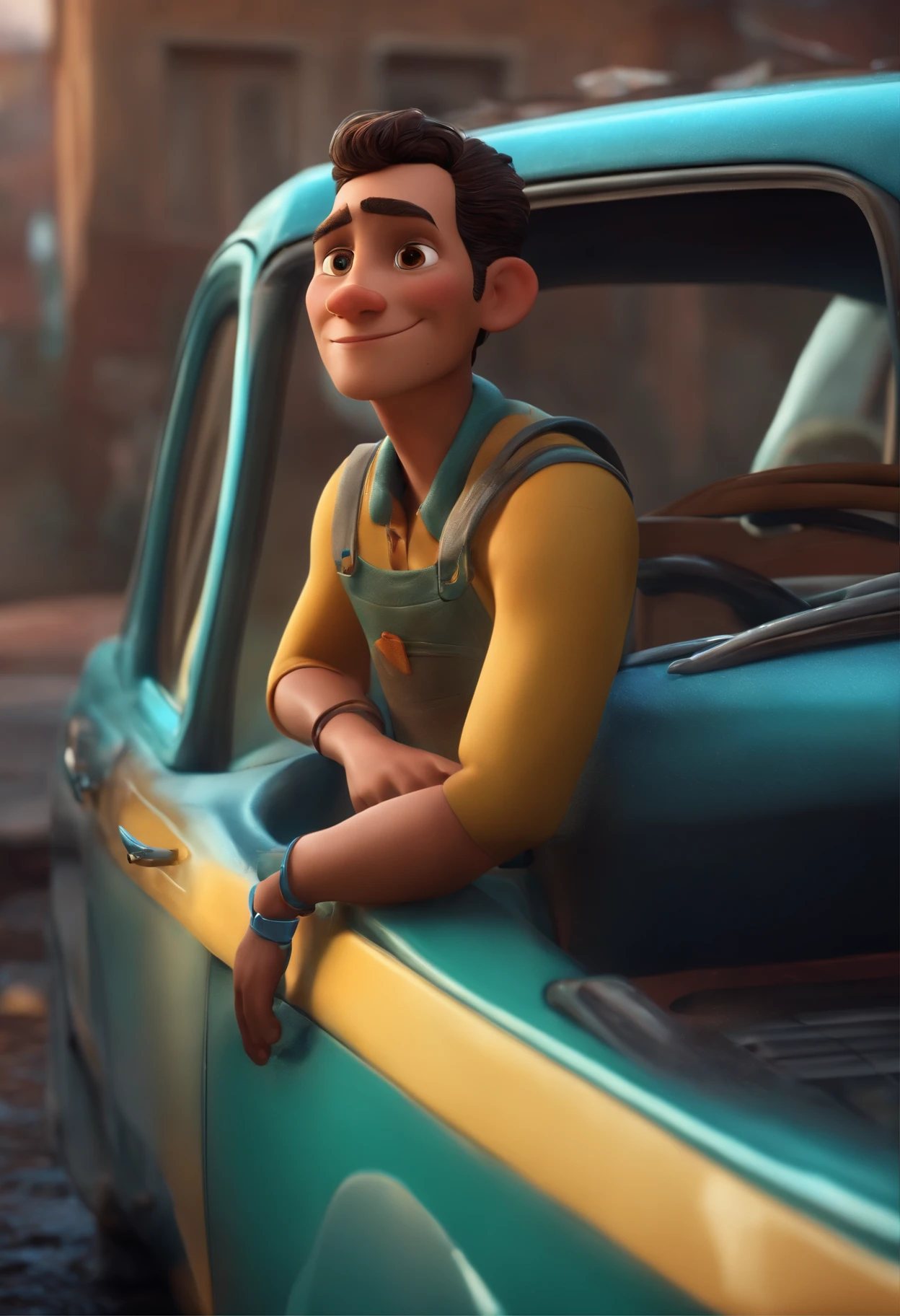 A car washer looking at a dream project inspired by Pixar animation, de perto. The character takes center stage with captivating facial expressions, oferecendo um toque de irrealidade