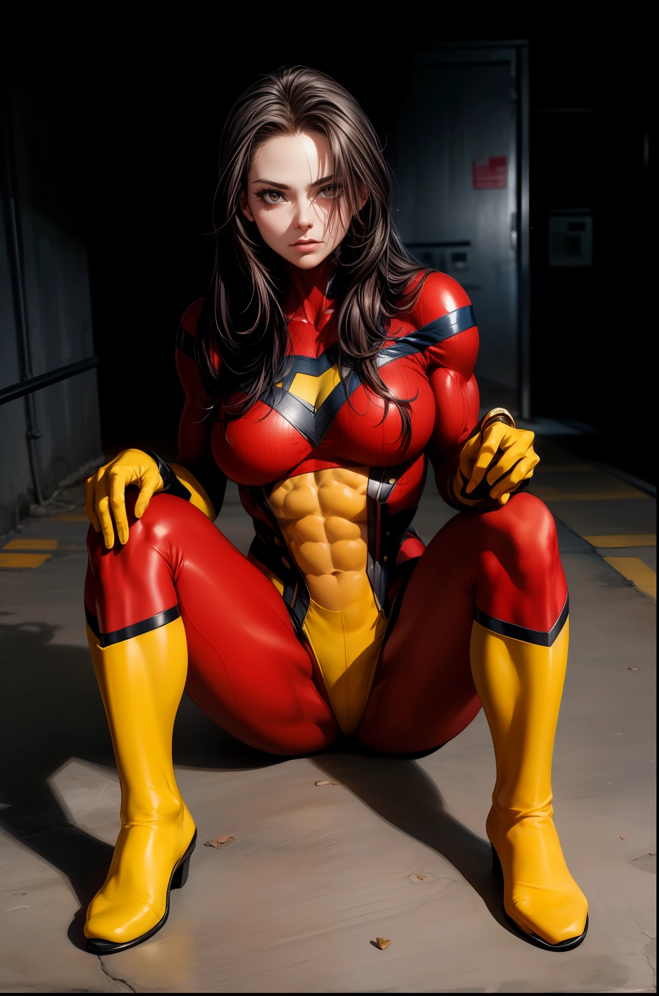 Obra maestra, La mejor calidad:1.2), ((muscular:1.5)) ((hembra:1.5)),tetona,curva, ((mujer)), sexy, Grande_Tetas,(Pintura digital: 1.4), Una hermosa mujer con un disfraz de Spider-Woman, Frente al espectador, De pie en un edificio, Antecedentes urbanos, La mejor obra maestra, Muy alto detalle, realista, 8k,