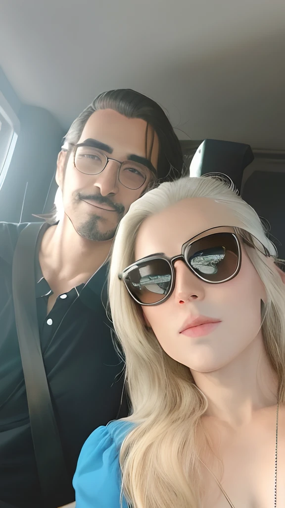 master part, anime, best quality, 2Outros, par, maduro, adulto, height difference, moda diferente, cor diferente, roupas casuais, mangas compridas, sorrir, Feliz, amor, Vento agitado, blue skies, homem de cabelos compridos, homem de cabelo castanho claro, mulher de cabelo preto, mulher de cabelo preto