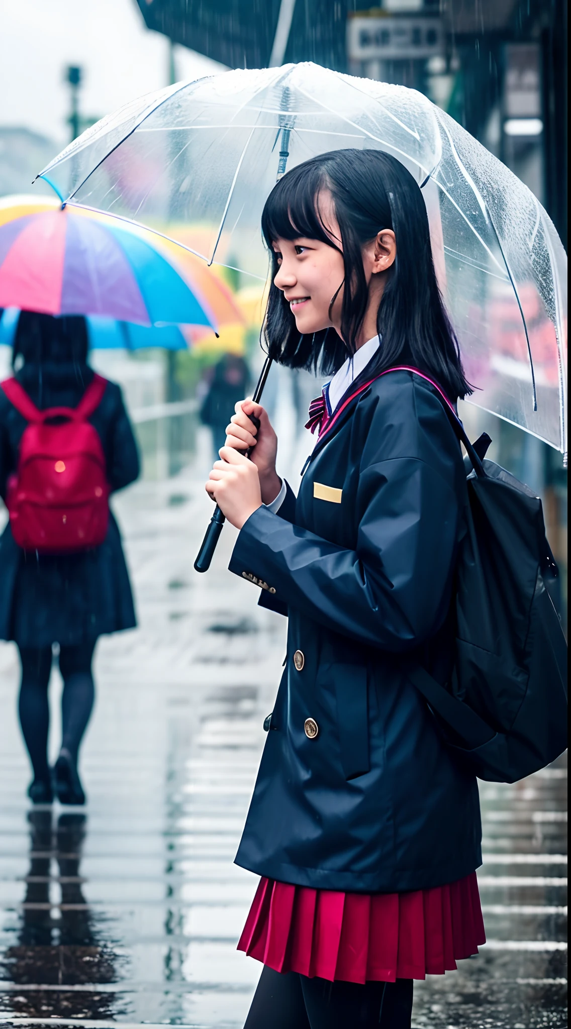 On a rainy day, The city is drenched with raindrops. Colorful umbrellas are opened here and there,、a person々rushes past. A high school girl in uniform is standing among them. Hair is wet from rain, And a faint smile adorns her face. Don't let the rain get the better of you, She moves forward with confidence.