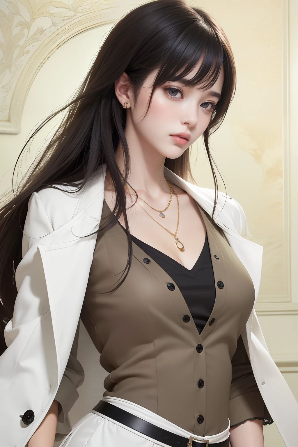 Beautiful big breasts, (bokeh), indoors, detailed luxury living room, gentle and charming beautiful goddess, Korean(kpop-idol), solo, smooth skin, necklace, (black hair, reds eyes, long hair), oval face, double eyelids, smart, good hands, good feet, Natural, (from below angle), (glossy skin:1.05), ((low angle)), Perfect figure, (64k, UHD, RAW photo, best quality, masterpiece:1.4), (realistic, photo-realistic:1.37), ultra high res, photon mapping, radiosity, physically-based rendering, professional soft lighting