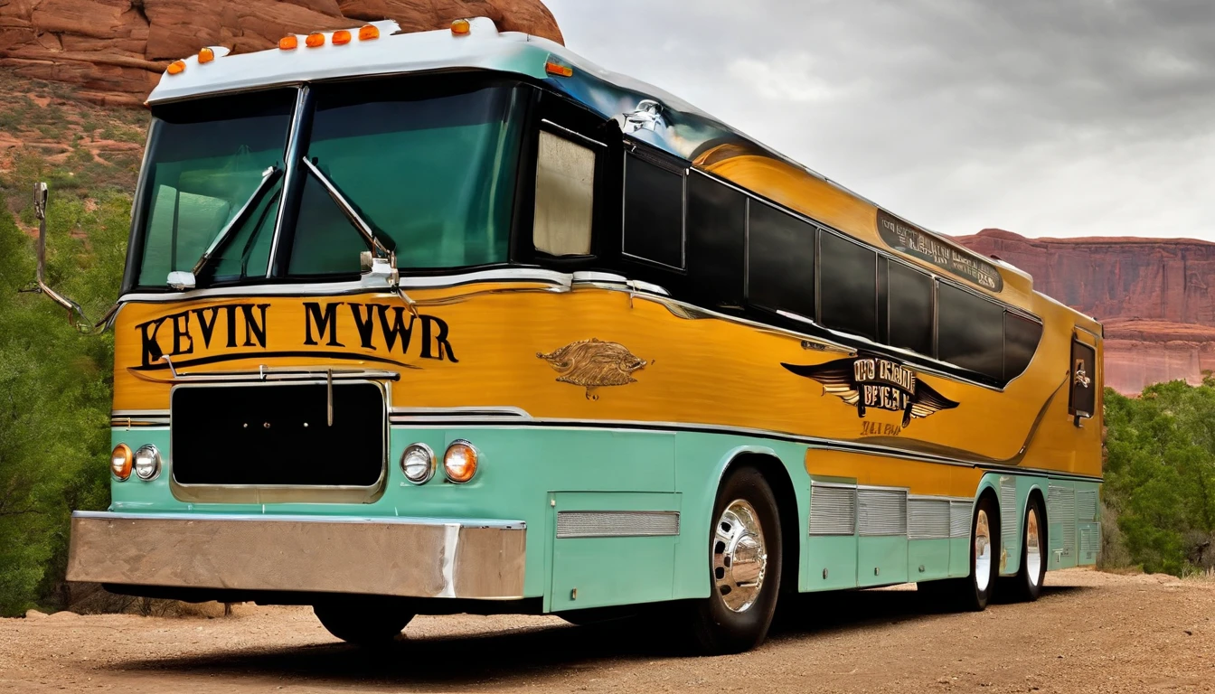 1976 MCI Greyhound  bus converted into a custom tour bus for the country music band, with a full custom "Kevin McCree" painted on the side with a desert scene, and a group of fans taking pictures of a handsome cowboy standing by it on a record cover  -imagine - --auto --s2