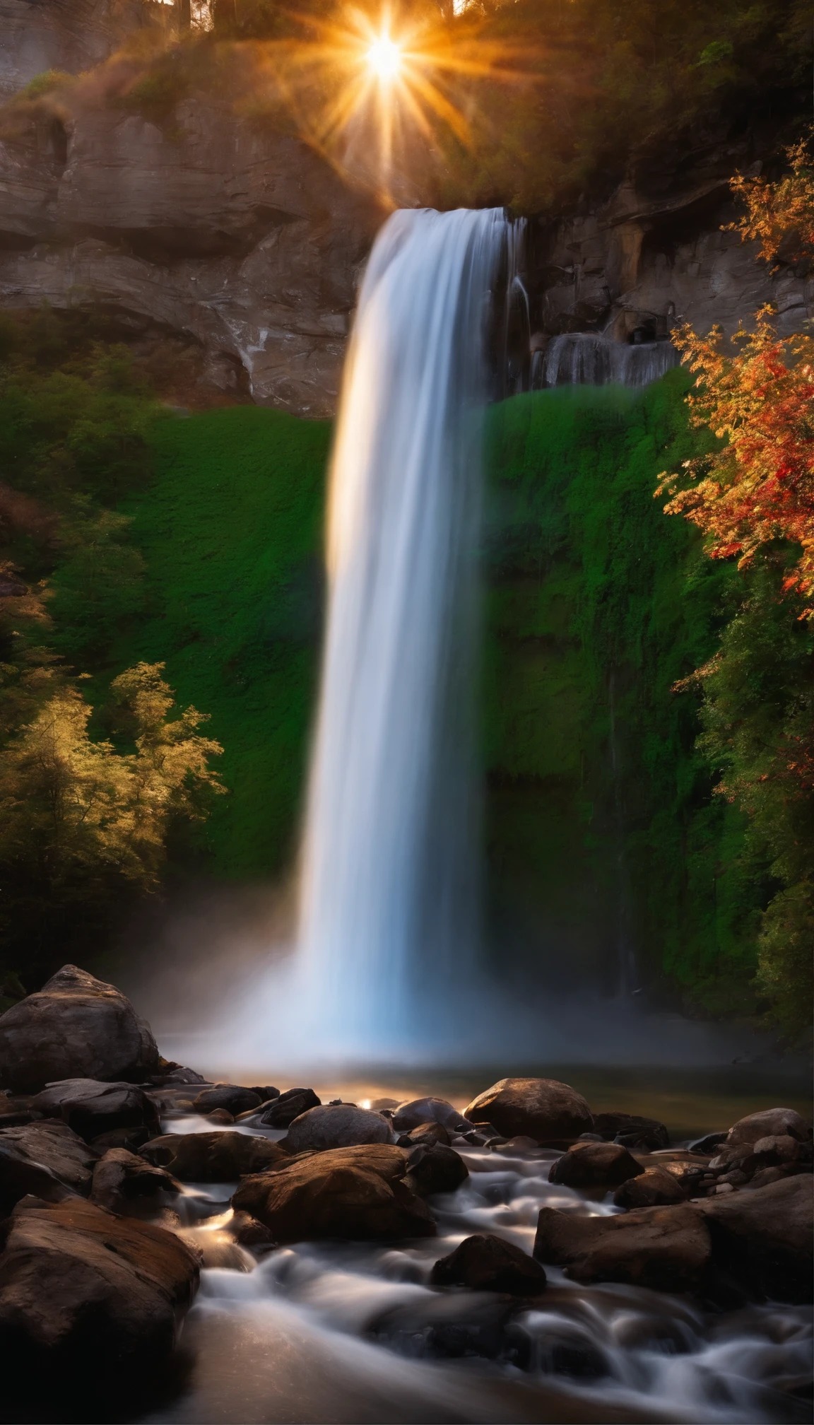 Beautiful sunrise behind a waterfall, waterfall walls, clear blue waterfall almost see through,  house in the front right of the waterfall, family swimming at the bottom of waterfall