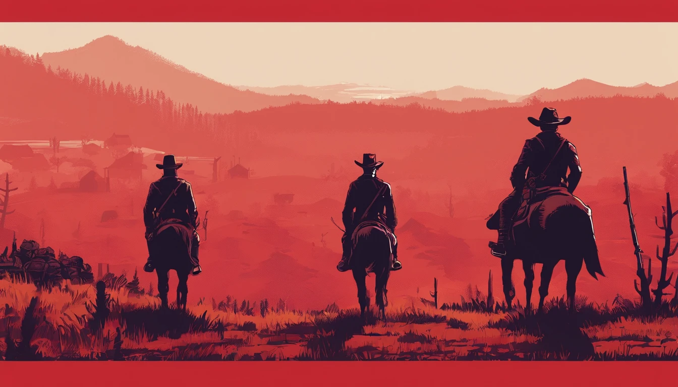 《red dead redemption 2》Foto de corpo inteiro, close up, of several gunmen pointing their guns in the same direction, retrato detalhado, vintage illustration, alta resolução, cores realistas, desenho intrincado, Textura de papel envelhecida, cores vibrantes, dramatic lighting, tiro de corpo inteiro, Just mustache, Todo o corpo, from feet to top; velho oeste americano, Next to a farmhouse, Red Dead Redemption 2-inspired scenario, cinematic composition, action-packed scene