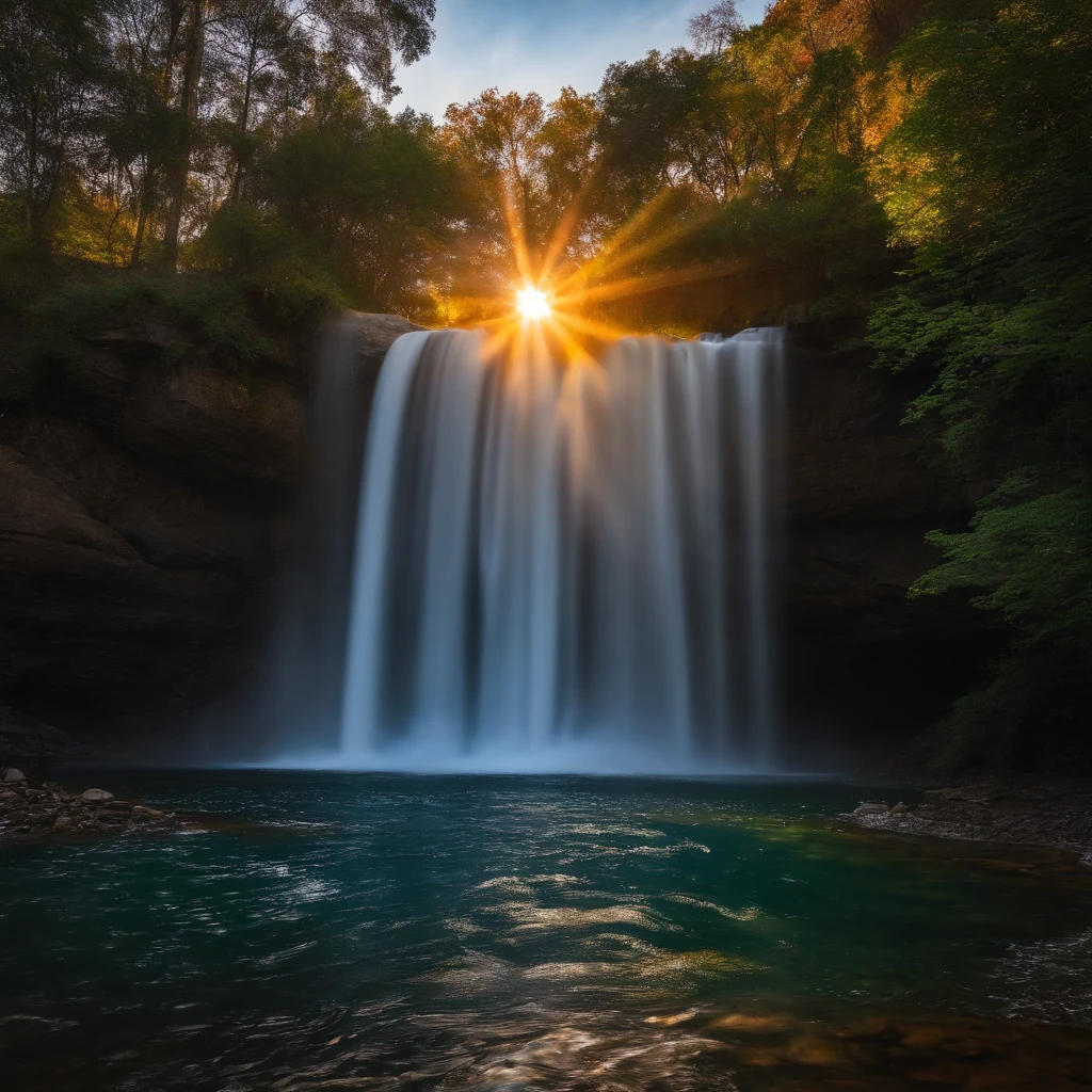 Beautiful sunrise behind a waterfall, waterfall walls, clear blue waterfall almost see through, house in the front right of the waterfall, family swimming at the bottom of waterfall