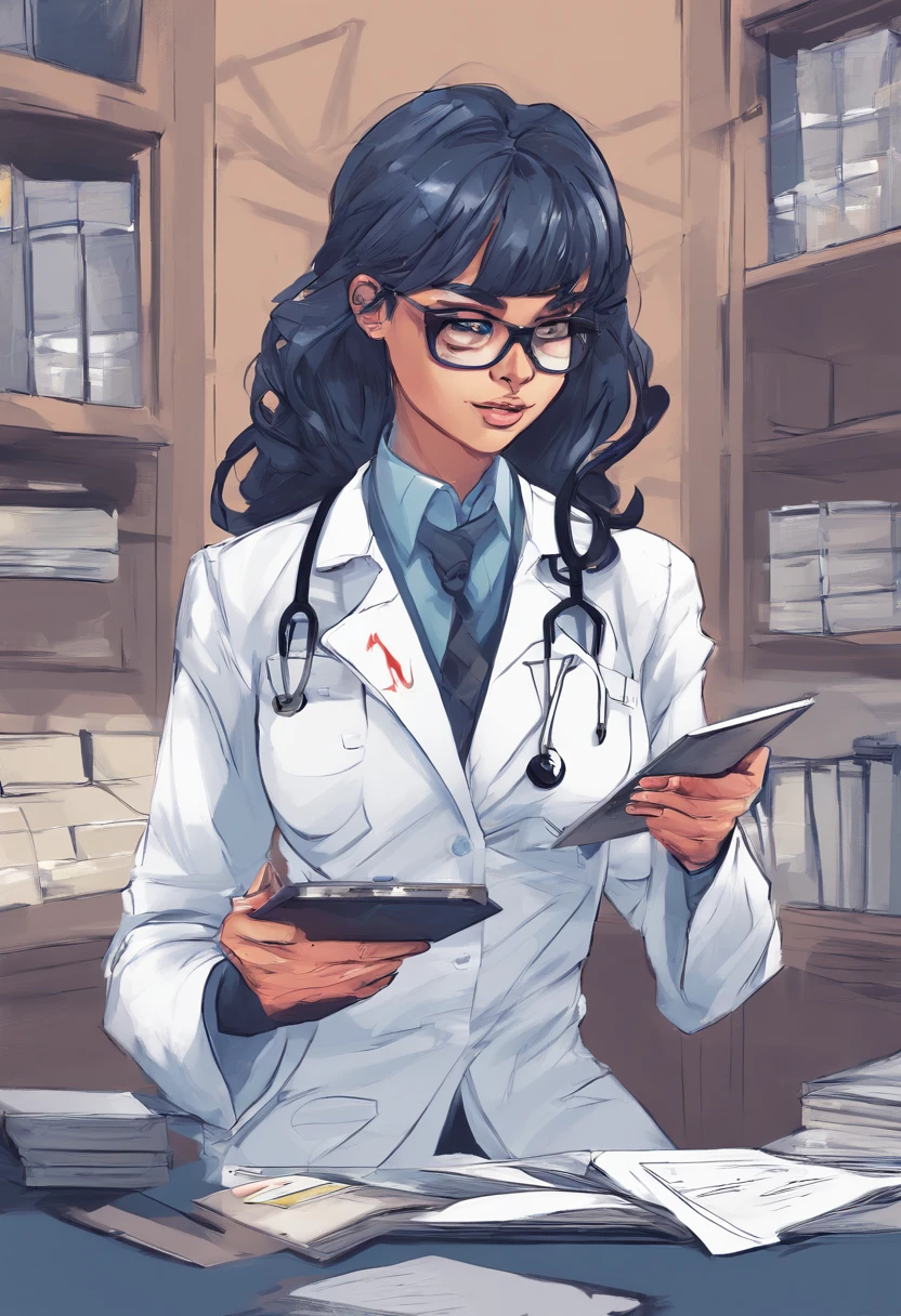 1 mulher, , medic, cabelos loiros muito claros, cabelo de rabo de cavalo para baixo, square glasses, Olhar manhoso, franzir , White lab coat, camisa azul, blue gloves reading clipboard