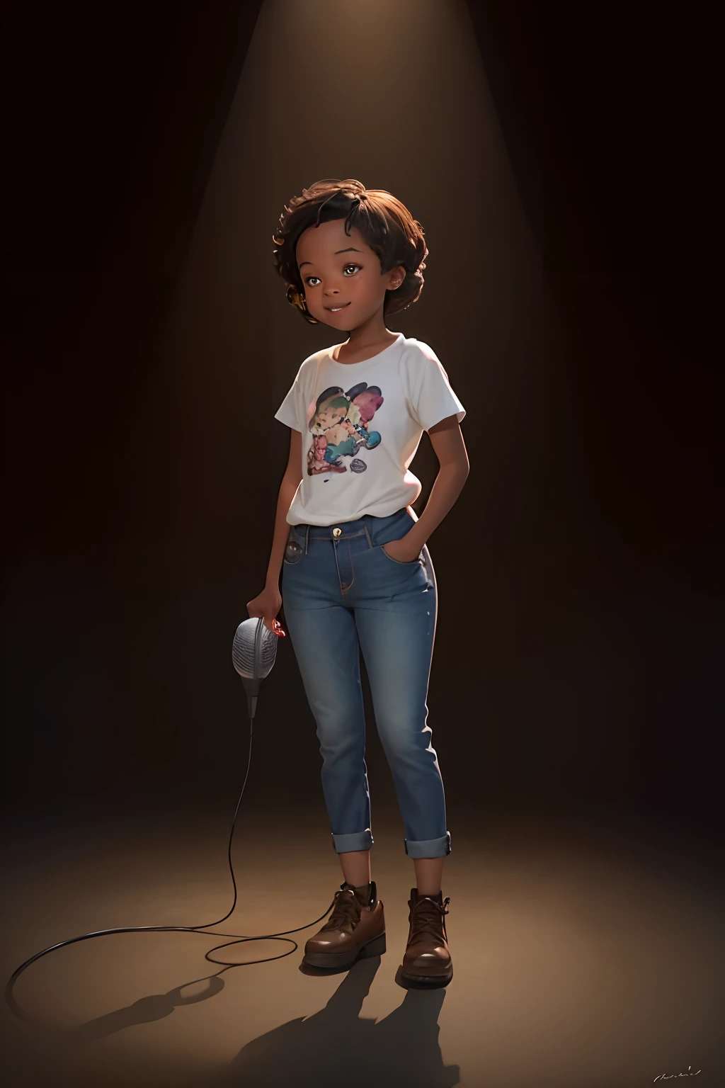 a with pulando standing in front of a microphone, disney animation, brown skin like soil, cold studio lighting, evokes feelings of joy, beautiful artist rendering, as a pixar character, kawai, vestindo calça jeans, inspired by Sheila McClean, artist unknown, cherubic, by Charles Fremont Conner