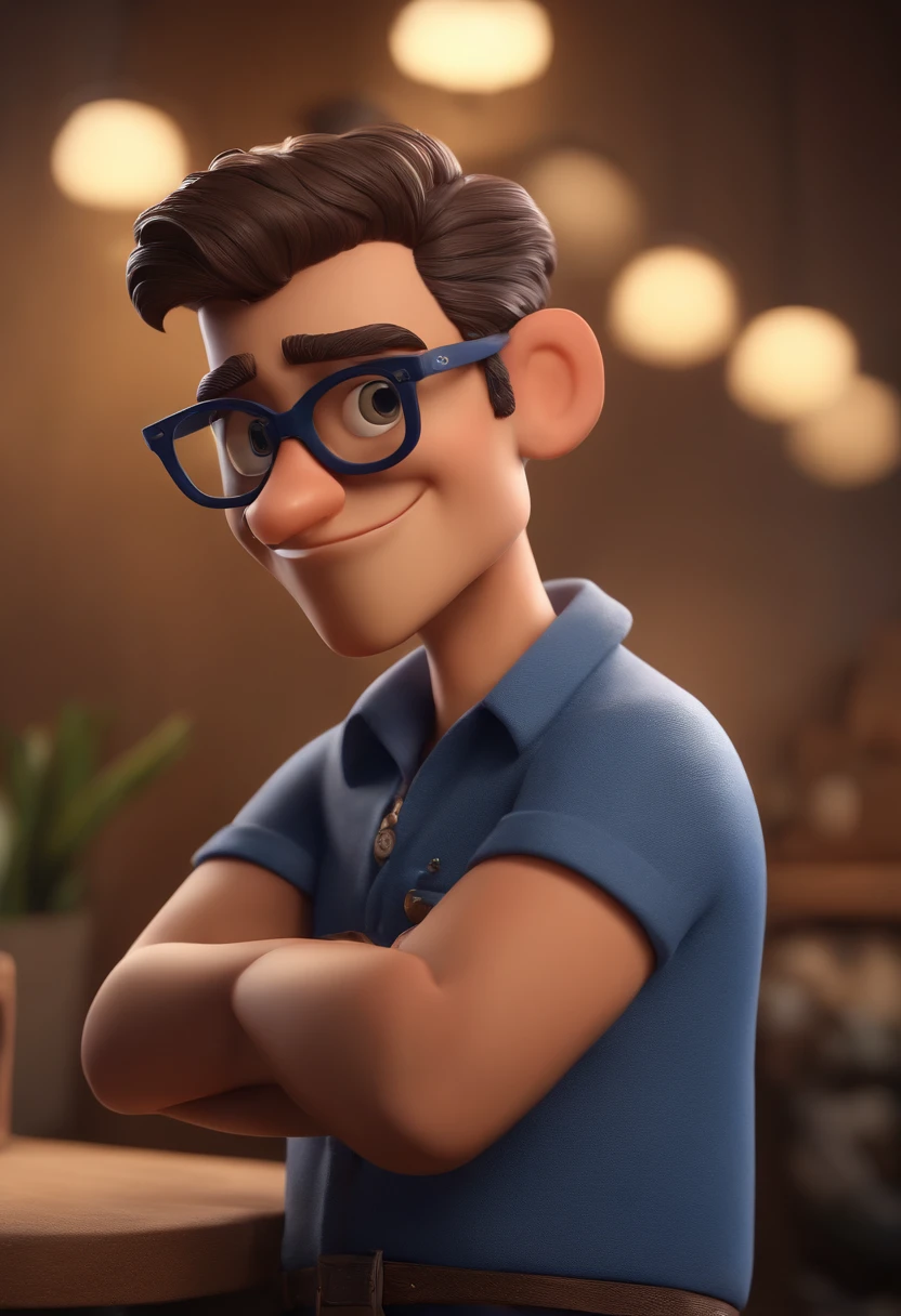 Cartoon character of a man with black glasses, cabelo cacheado marrom escuro e uma camisa azul, animation character, Caractere estilizado, animation style rendering, 3D estilizado, Arnold Maya render, 3 d render stylized, toon render keyshot, Personagem 3D, Personagem 3D, 3d rendering stylized, 3 d character render, personagem de desenho animado, Personagem de close up, Pose de personagem,  (Estilo Pixar) (master part:1.2) (Bokeh) (best quality) (pele detalhada) (textura detalhada) (8k) (argila) (Cinematic lighting) (foco nítido