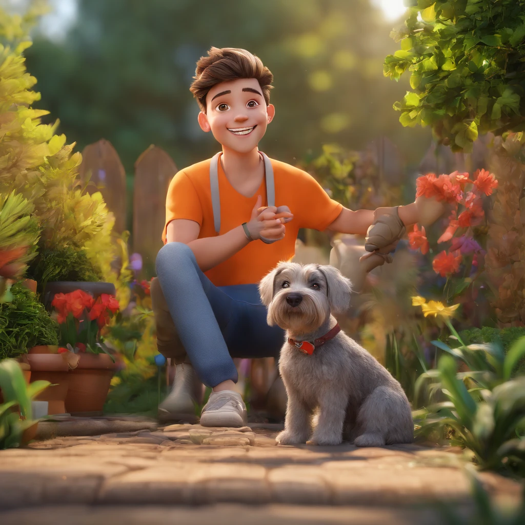 Lucas is a smiling 15-year-old human boy, com seu fiel amigo, Bolt, o cachorro schnauzer, deitados no jardim
