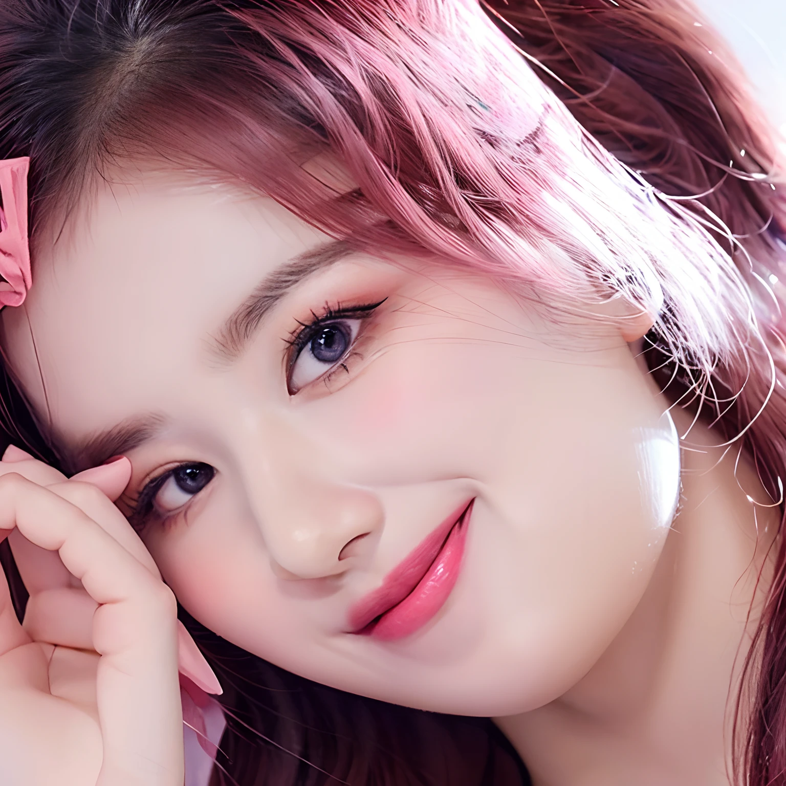 Sana smiling, dancing ballet on a stage, ballet clothing, pink ballet clothing, Sana's twice wearing a bow in her hair, pink hair and melancholic expression on her face. Minatozaki sana
