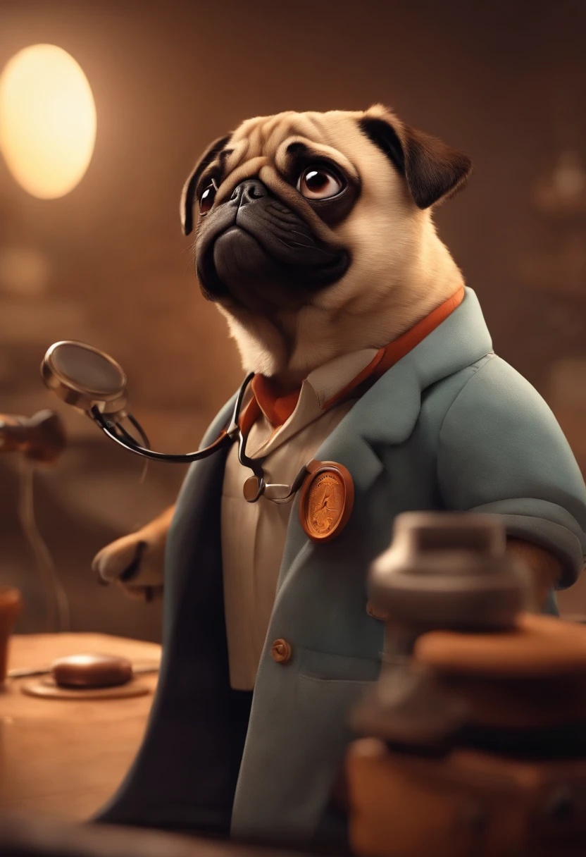 Create a pixar-style character man vet using a stethoscope, segurando uma pug femea, com cabelo curso, Hazel brown eyes