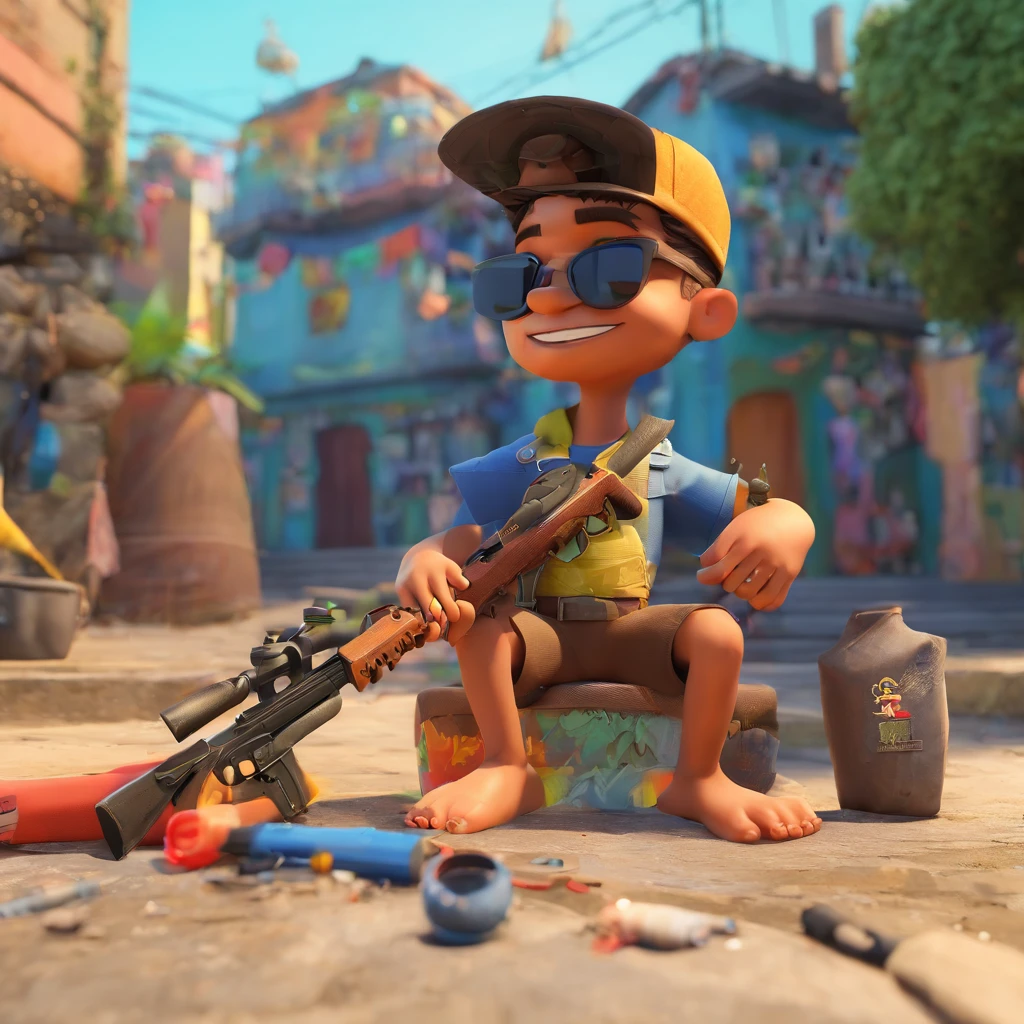 Fundo de favela, bandidos usando mascaras vestindo nike e segurando armas nos estilo pixar da disney