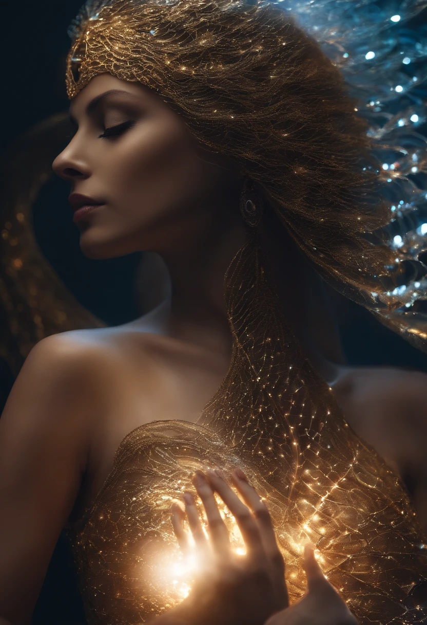 uma pregirl,Medite de pernas cruzadas, no centro,cores muito brilhantes, light particles, com luz brilhante, Mshiv, Arte do papel de parede, Papel de parede UHD