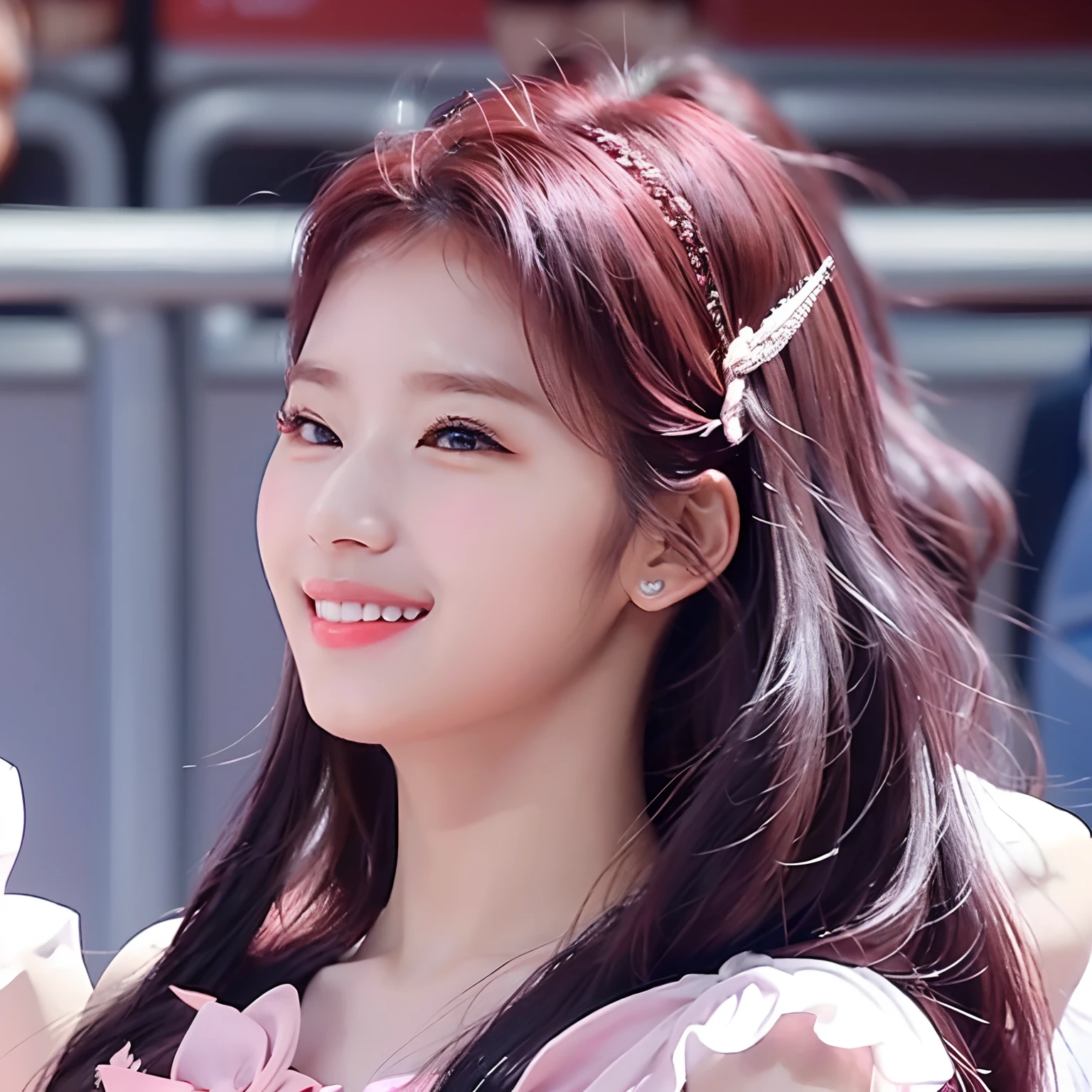 Sana smiling, dancing ballet on a stage, ballet clothing, pink ballet clothing, Sana's twice wearing a bow in her hair, pink hair and melancholic expression on her face. Minatozaki sana
