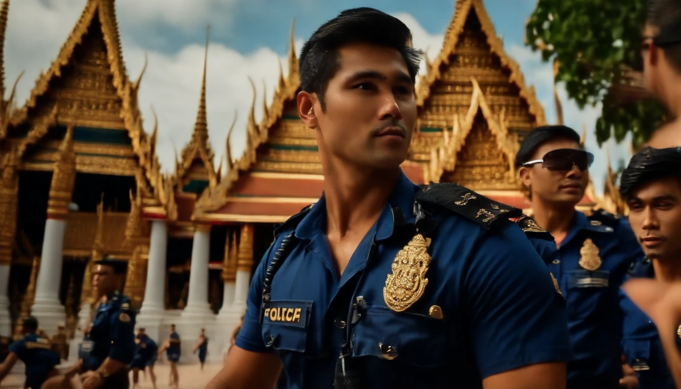 Naked photo of a stunning naked handsome muscular Thai man, no female, honey eyes, short messy windy light brown hair, flipping hair, closeup zoomed in tight crop portrait, walking down a (paradisiacal Thai Temple scene:1.2) (Thai Temple scene:1.5) (Lighting-blue:1.2), (surrounded by 6 sexy Thai policemen:2) foreground objects background details (masterpiece:1.2) (Low-Angle View:2) (photorealistic:1.2) (bokeh:1.2) (best quality) (color grading) (detailed skin:1.3) (intricate) (8k) (HDR) (cinematic lighting:1.3) (sharp focus), messy windy hair